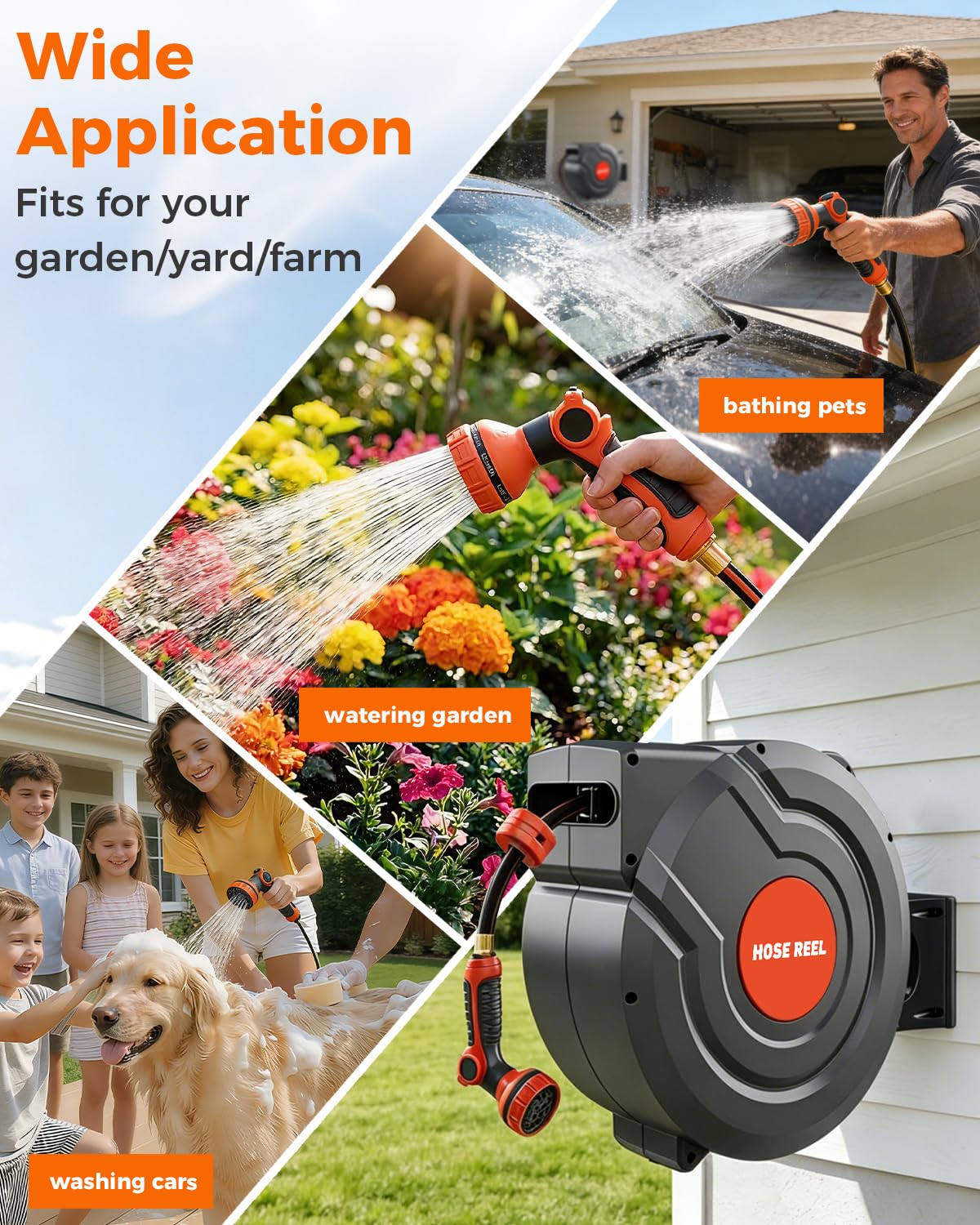 Retractable Garden Hose Reel,Wall Mounted 100 ft 5/8 Inch Automatic Return, Any-Length Lock, 9-Pattern Sprayer, 180° Swivel, Durable Water Hose Reel for Yard and Home