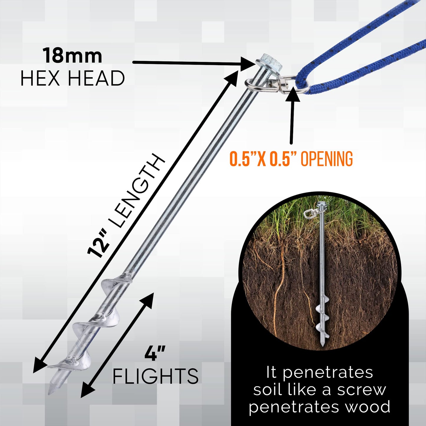 MightyPhine Steel Screw Ground Anchors - Set of 4, 12 Inch, Silver, Metal - Tent Stakes, Trampoline Anchor Kit, Swing Set Anchors, High Wind Resistance