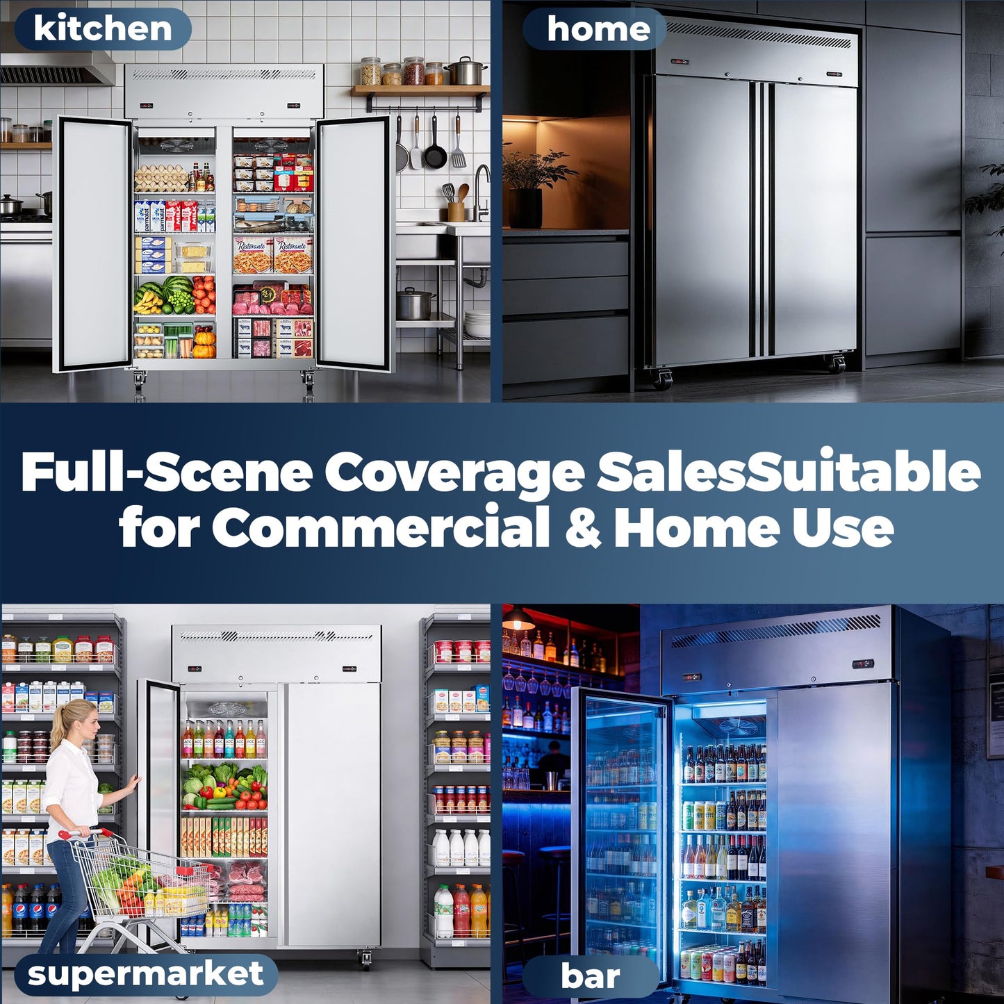 Ferueo Commercial Refrigerator and Freezer Combo, 48" W 2 Door Dual Temperature Zones Freezers, 39 Cu.ft Commercial Refrigerators with 8 Adjustable Shelves for Restaurant Shop Bar