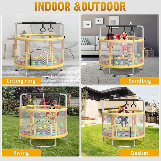 55" Small Trampoline for Kids, Telawah Indoor Outdoor with with Enclosure Net, Safety Enclosure, Round Jumping Mat with Basketball Hoops, Birthday Gifts for Children