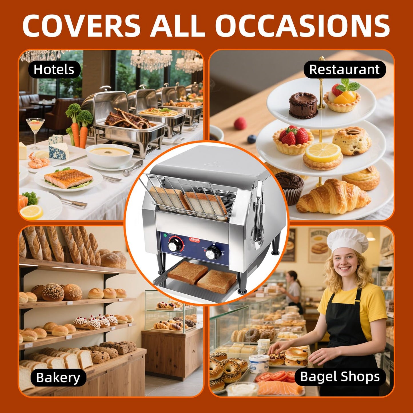 JOHAKYU Commercial Conveyor Toaster, 300 Slices/Hour Heavy Duty Stainless Steel Toaster for Buns, Bagels & Bread, Restaurant Grade with Cleaning Accessories