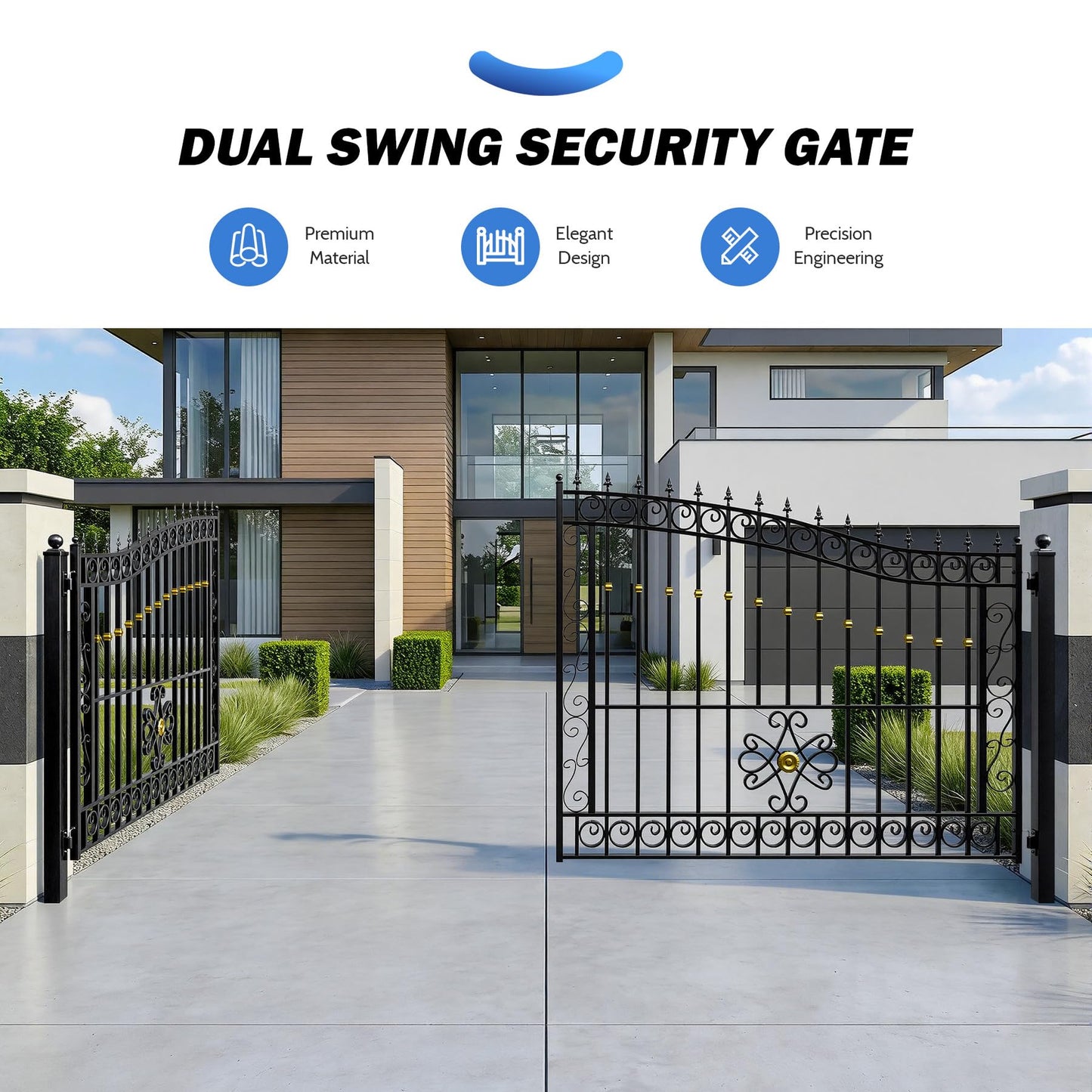 ZUMI Dual Swing Driveway Gate, 16x6 ft Heavy-Duty Galvanized Steel Security Gate Kit for Home Garden Yard & Family Safety, Outdoor Arched Swing Gate with Scrollwork & Gold-Tone Finials