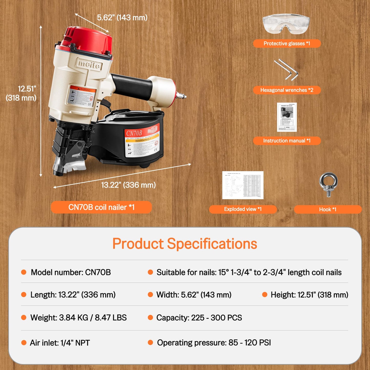 meite CN70B Pneumatic Coil Nailer 15/16 Degree 1-3/4 Inch to 2-3/4 Inch Air Nail Gun, Coil Nail Magazine 300PCS, Heavy Duty Pallet Framing Coil Nailer for Siding Sheathing Wooding Fencing Decking
