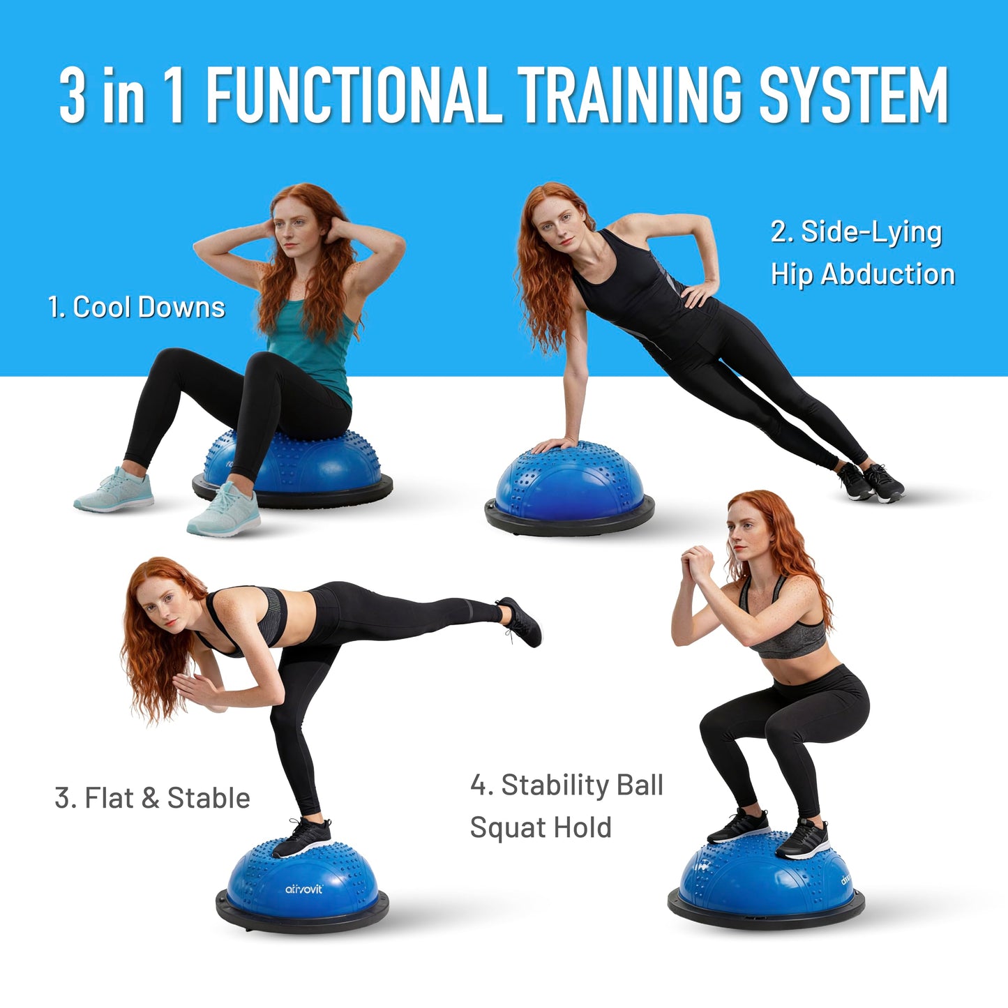 ATIVAFIT HALF BALL BALANCE TRAINER Inflatable Yoga‑Stability Ball for Core Strength & Home Workouts with Resistance Bands, Pump & Anti‑Slip Base (Supports up to 660 lbs)