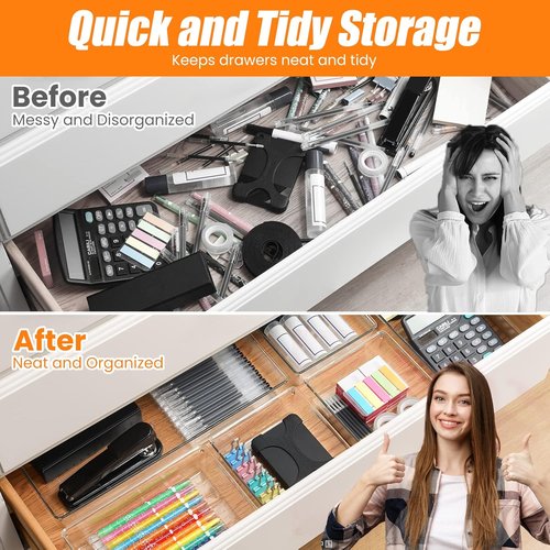 Criusia Clear Drawer Organizer Set - 6 Large Acrylic Trays for Kitchen, Bathroom & Office Storage