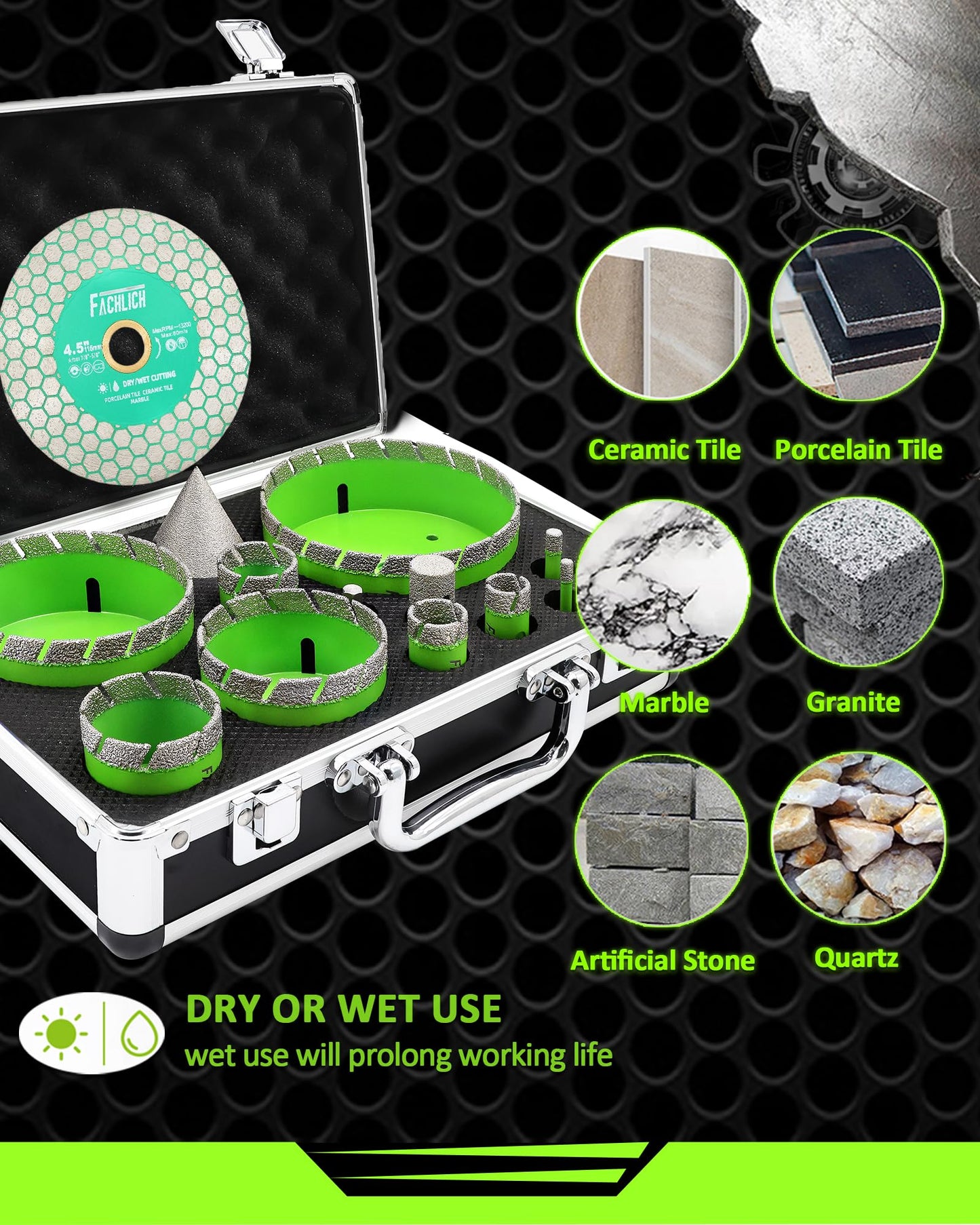 FACHLICH Tile Hole Saw Kit - 14pcs Diamond Hole Saw (6/6/8/20/25/35/50/75/100/125mm) with Finger Bit and Chamfer Bit, Tile Drill Bits for Porcelain Ceramic Marble Brick Granite,5/8"-11 Thread