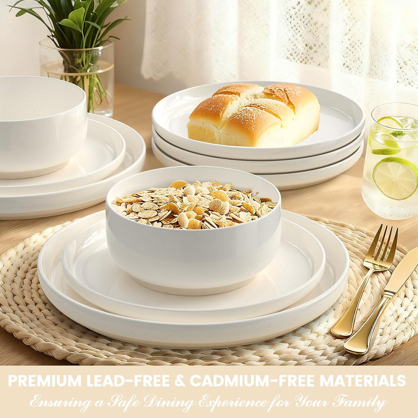 Skiennix Dinnerware Set - 12-Piece Ceramic Plates & Bowls Set for 4 | Scratch Resistant, Microwave & Dishwasher Safe, Cream White