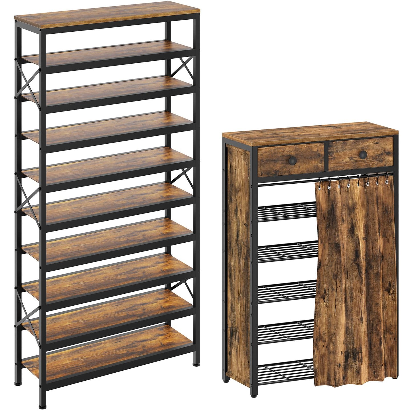 YATINEY 10-Tier and 6-Tier Shoe Rack with 2 Non-Woven Drawers, Entryway Shoe Storage with Dust Cover, Metal Shoe Organizer, Space Saving Shoe Cabinet, for Entryway, Closet, Hallway SS210BR-SS33BR