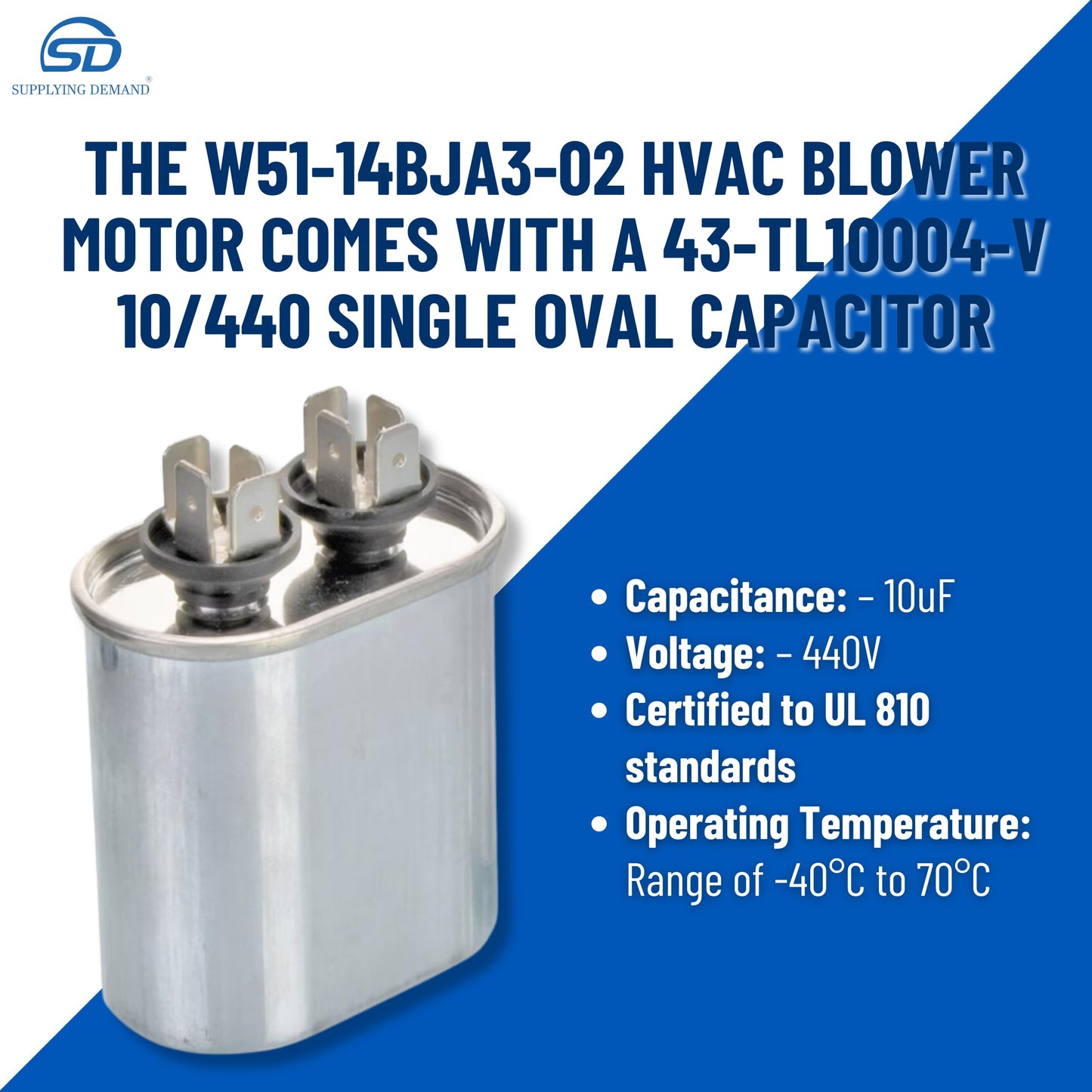 Supplying Demand W51-14BJA3-02 HVAC Blower Motor 1/4 HP 1 Phase 3 Speed 208/230V 1075 RPM