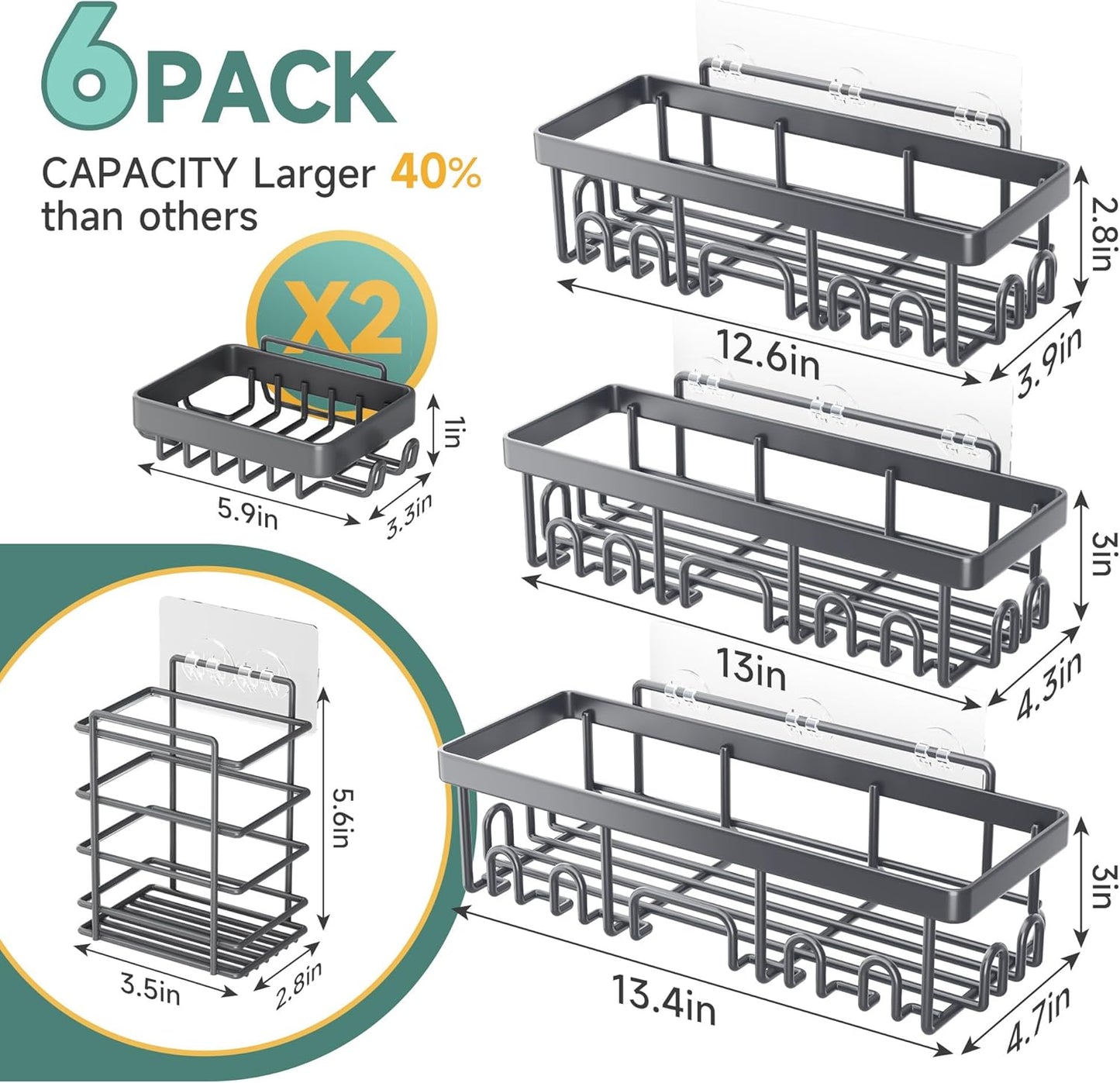 Veken Shower Caddy - Rustproof & Waterproof 6-Pack | No Drilling Adhesive Shelves, Large Capacity, Dark Grey