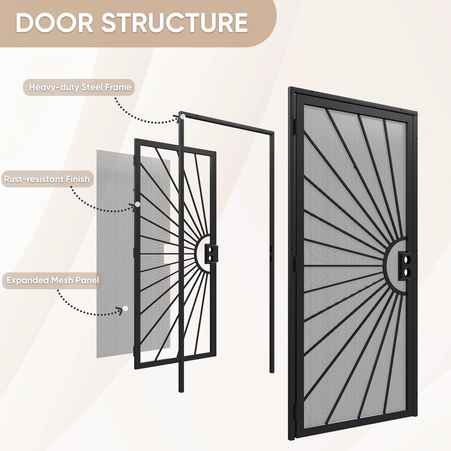 JUBEST 32 in. x 80 in. Security Door, Exterior Front Entry Door, Outswing Steel Security Door with Perforated Metal Screen, Powder Coated Black, Lock Not Include