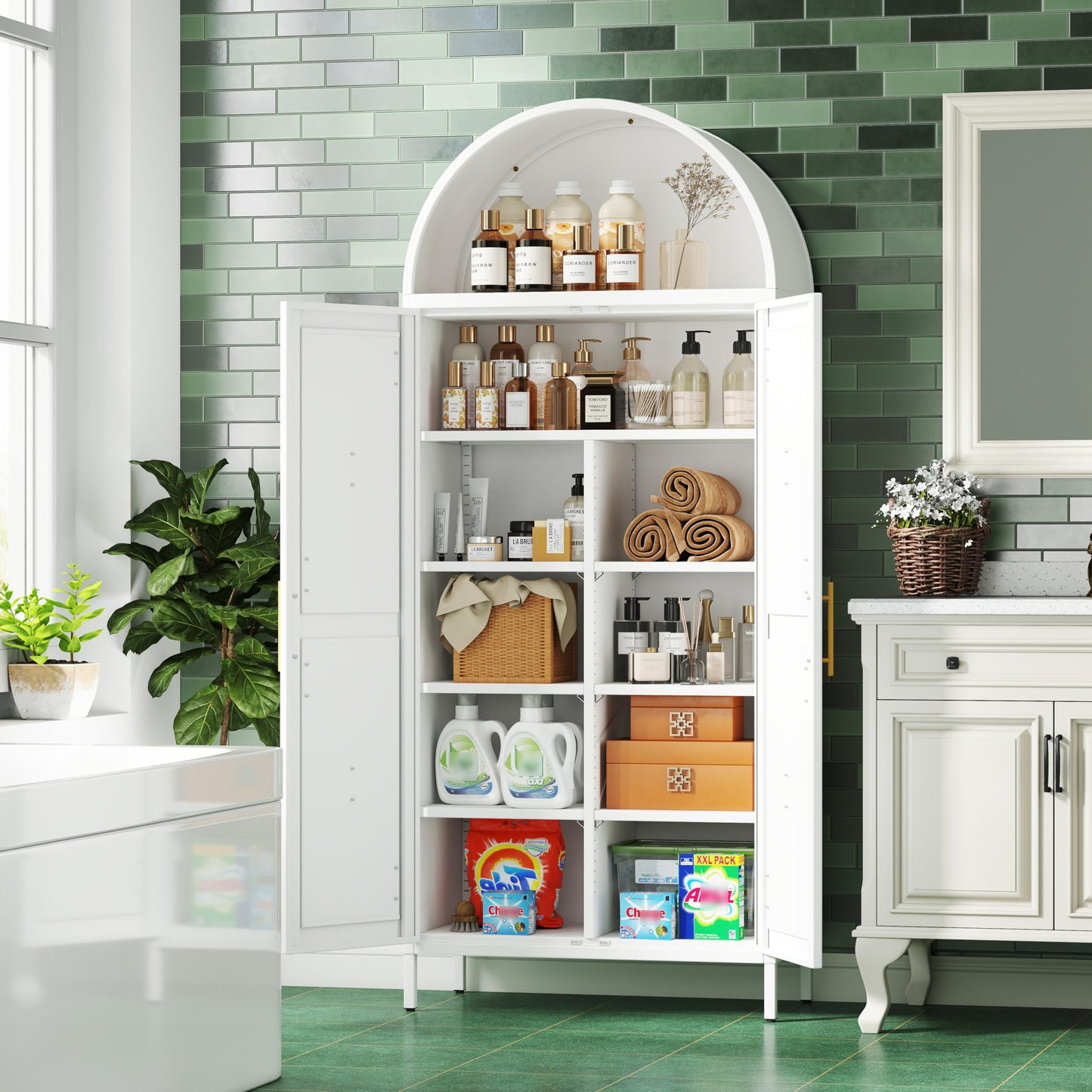 JAORD Arched Kitchen Pantry Cabinet with 6 Adjustable Shelves, Metal White Arched Cabinet with 2 Doors for Kitchen,Living Room, Assemble Required,15.4" D x 30.7" W x 72.8" H
