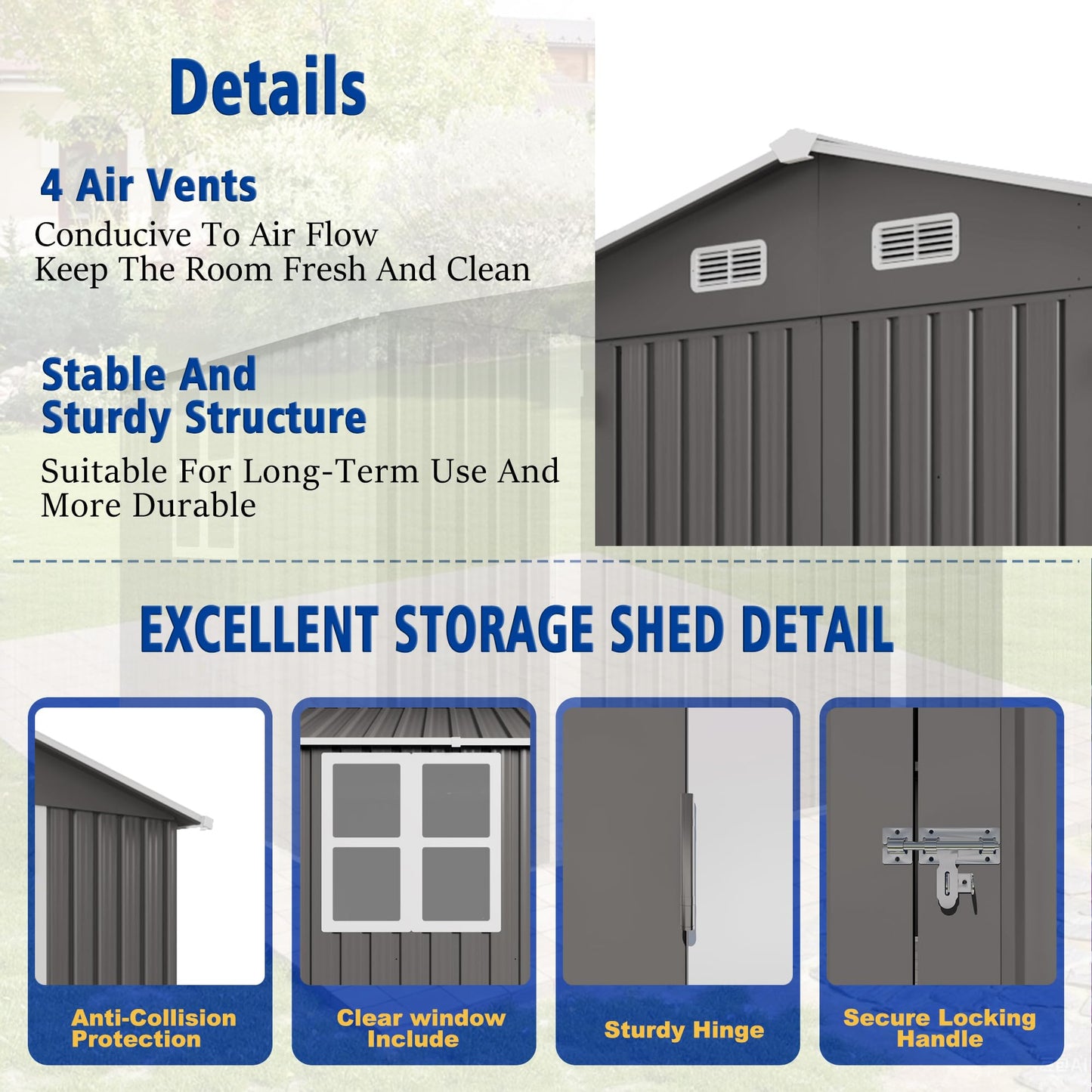 120"x96"x76.4" Metal Storage Shed Outdoor Garden Tool Shed, Galvanized Steel Lockable Backyard Organizer, Double Door Utility Shed with Windows for Lawn Equipment, Bikes, Patio & Backyard Storage