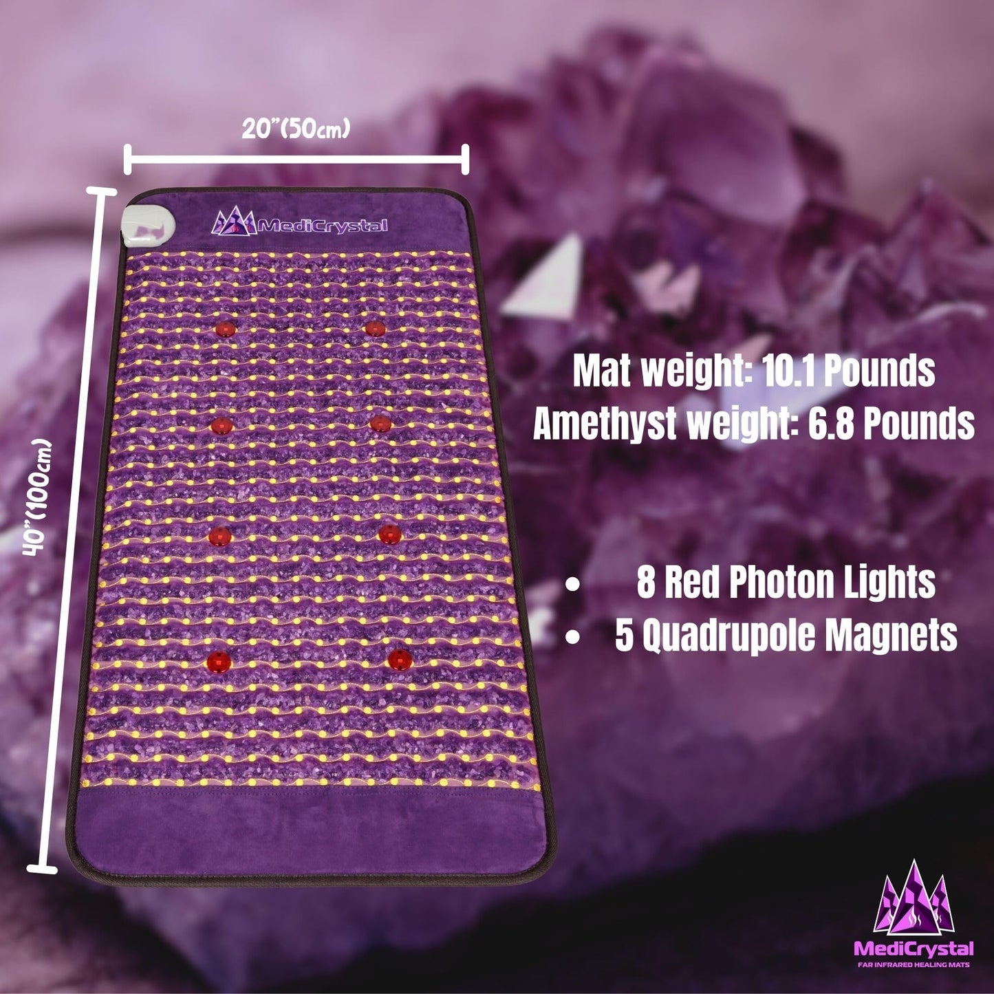 MediCrystal Far Infrared Amethyst Mat 40" L x 20" W - 8 Photon Red NIR MIR Lights - 5 Quadrupole Static Magnets - Bio Stimulation- Medium Flexible FIR Heating Pad