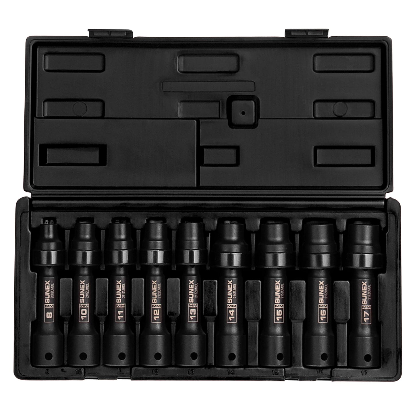 SUNEX TOOLS 2695, ½ Inch Drive Driveline Limited Clearance Socket Set, 12-Point, 9-Piece, Metric, 8mm-17mm, Cr-Mo Steel, Heavy Duty Storage Case