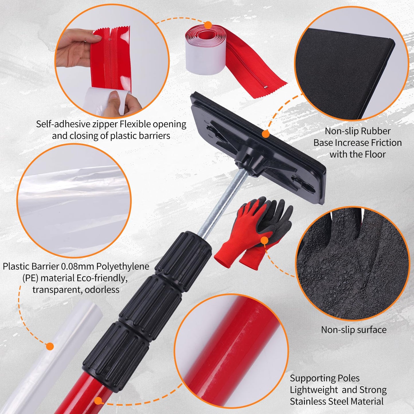 10FT Dust Barrier Poles Kit with Plastic Sheeting (32.8x13.1FT), 2 Heavy-Duty Zippers & Gloves – Telescoping Poles for Temporary Dust Barrier System, Home Renovation & Construction (4PCS)