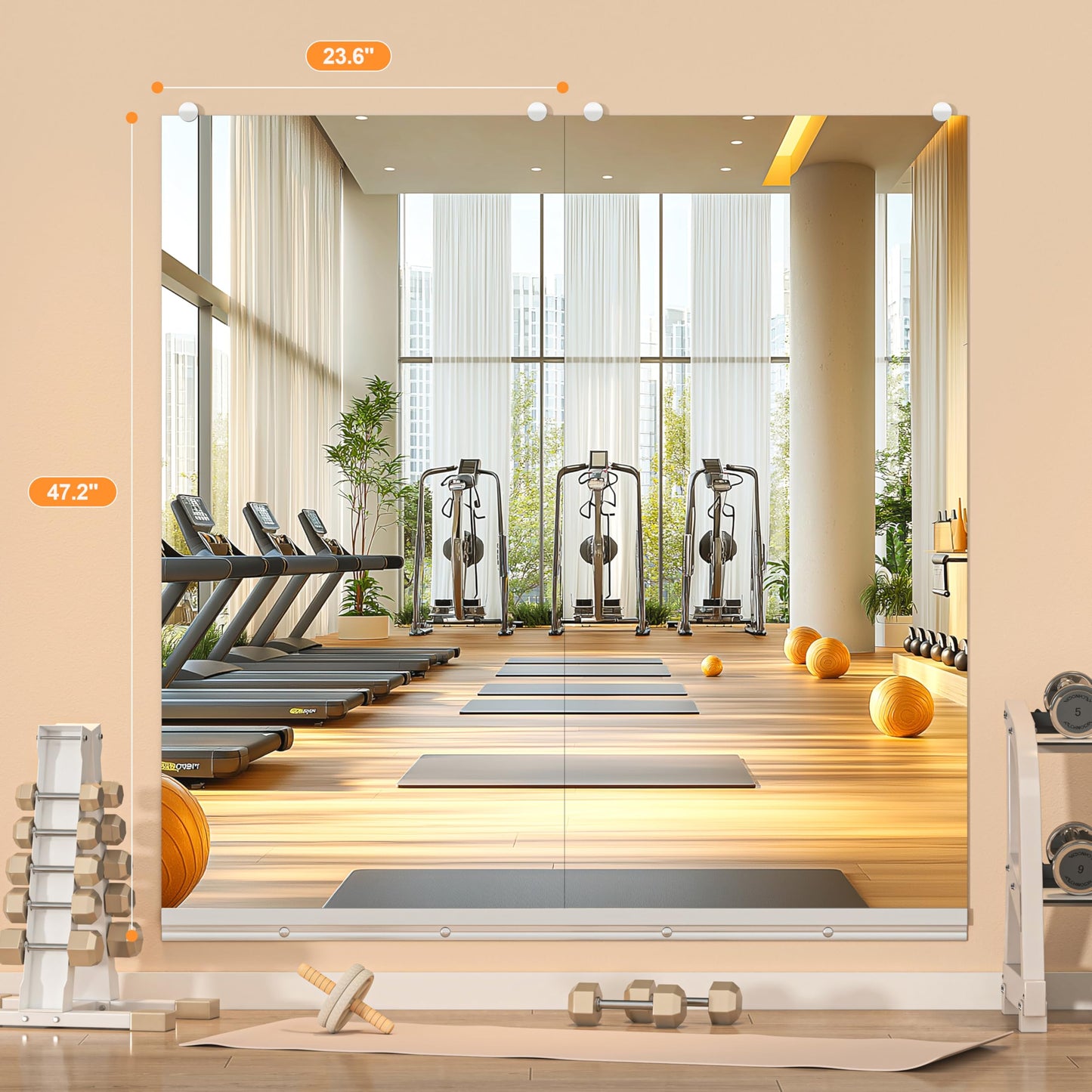 Hasipu Home Gym Mirror, 48"x24" Each, 3-Pack Frameless Wall Mounted Mirrors with Glass Clamps & 2 Aluminum Rail, Large Body Mirror for Home Gym, Yoga Studio, Bedroom, Silver Tempered Glass