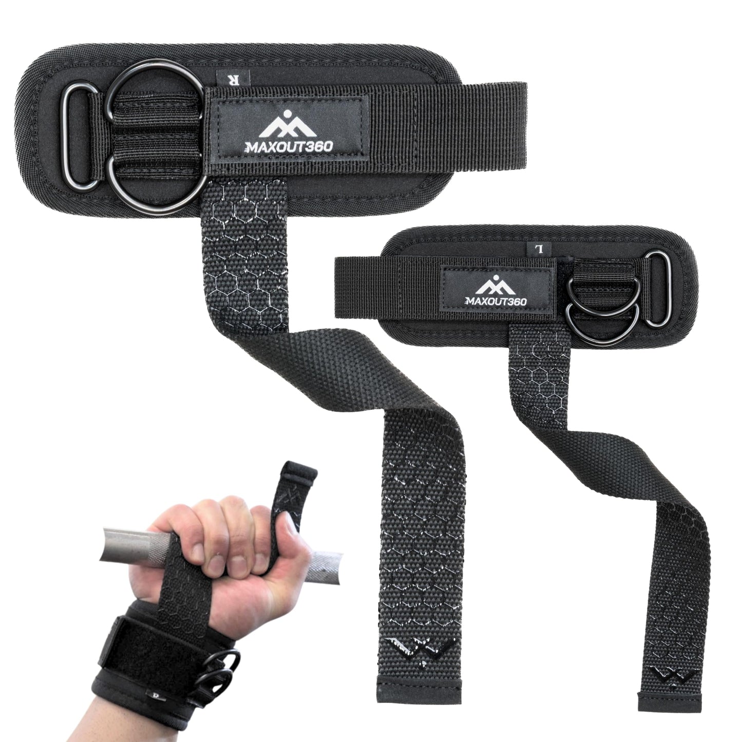 MaxOut360 Gym Lifting Straps with D Rings, Anti-Slip, Thick Padded Lifting Wrist Straps for Weightlifting for Cable Machines, Deadlifts, & Gym Training, Black