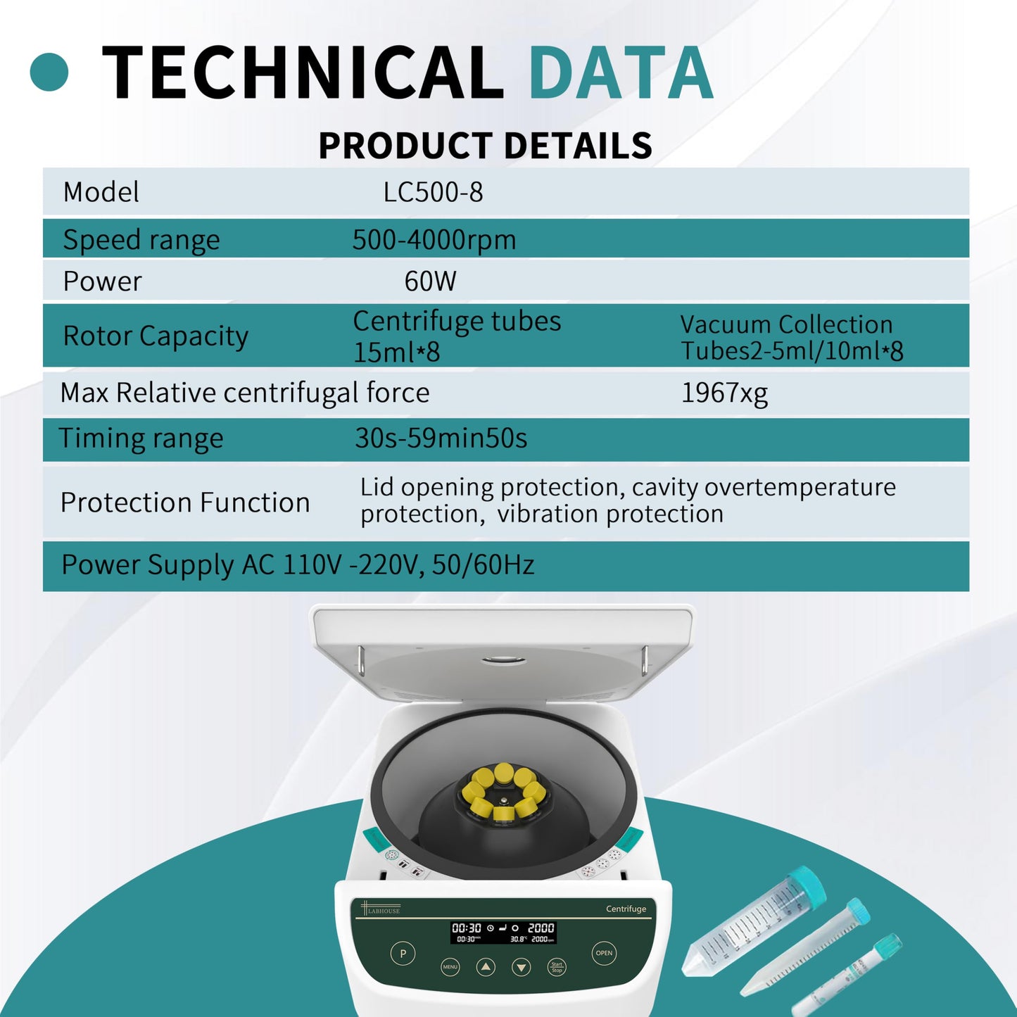 LABHOUSE Centrifuge Machine PRP PRF 2ml-5ml/10ml/15mlx8 Speed 500-4000rpm 1967xg RCF Lab Benchtop Centrifuges Store 9 Programs Timer 30sec-99min