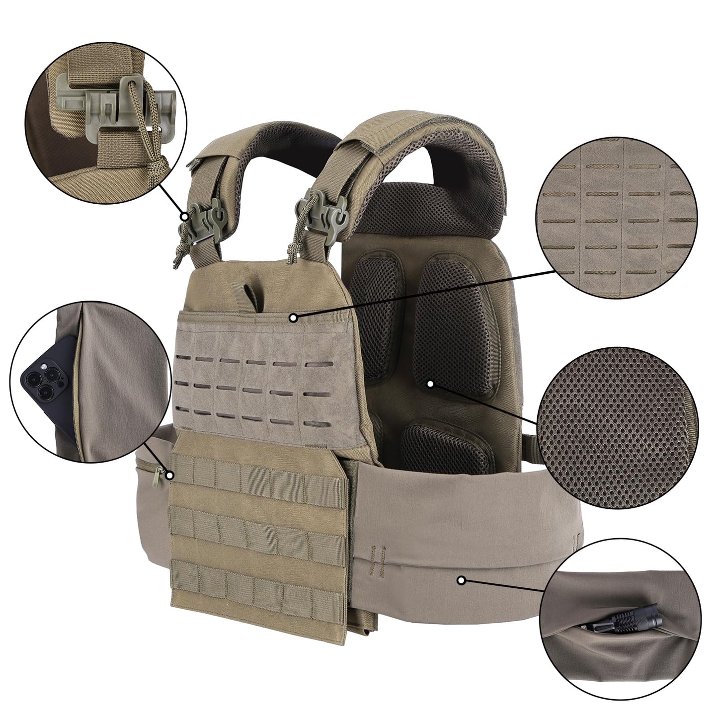 PAIWPHLI Adjustable Weighted Vest for Adults, MOLLE System,Training Outdoor Vest with Weight-bearing Pockets and Multiple Compartments (green)