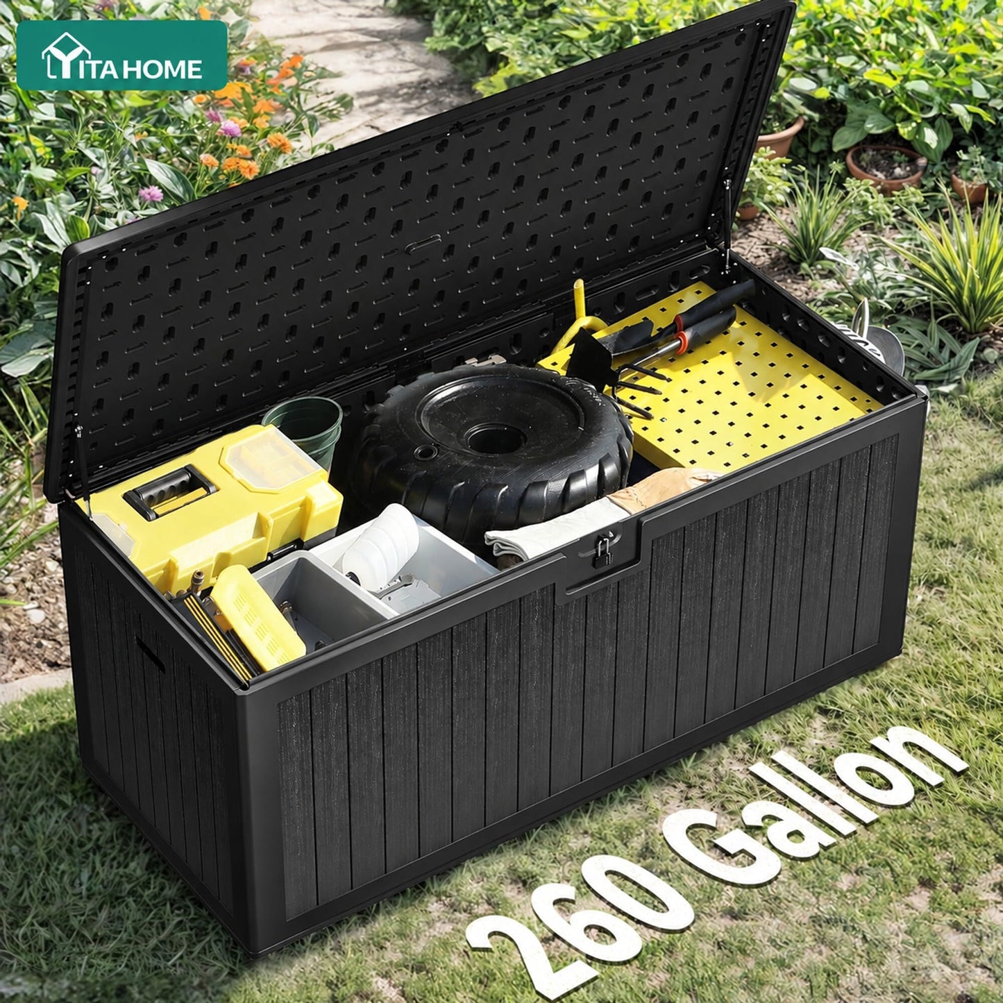 YITAHOME 260 Gallon Large Deck Box with Divider & Side Handles, Outdoor Double-Wall Storage for Patio Furniture Cushions, Garden Pool Accessories, Water Resistant & Lockable, Black