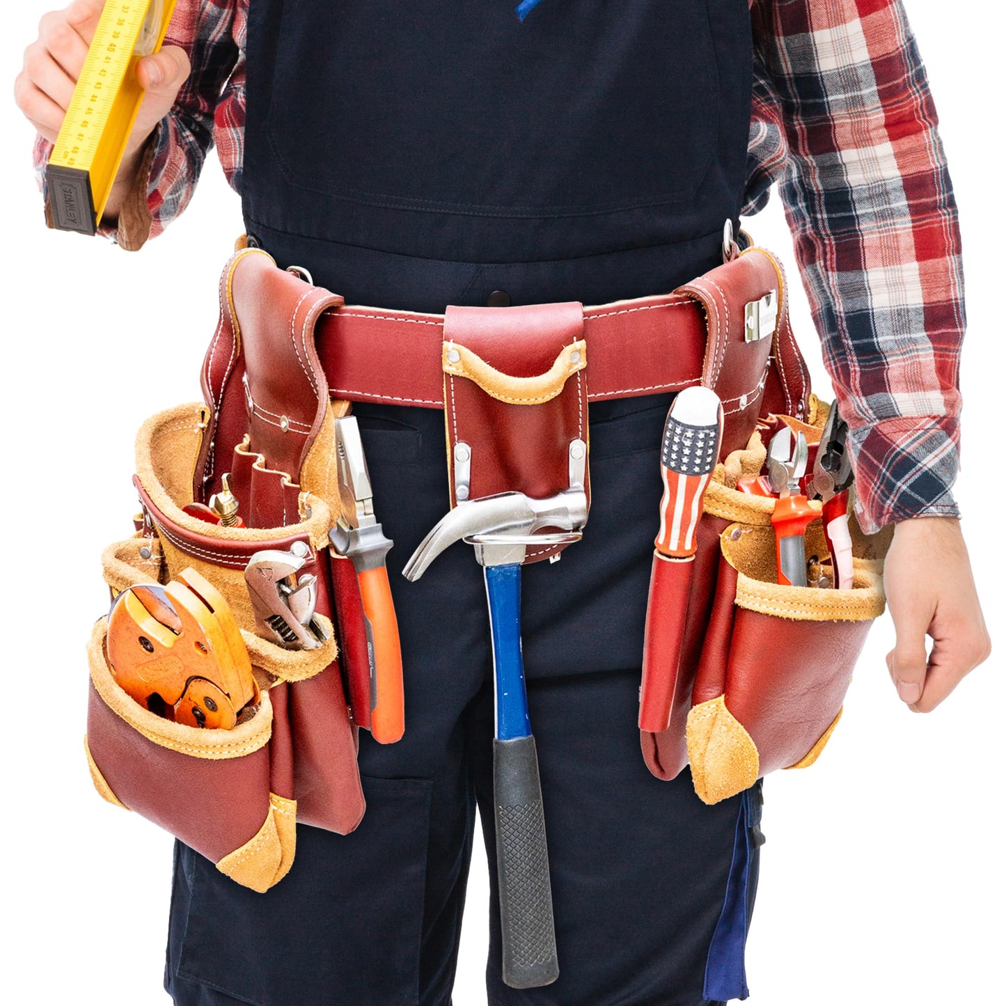 Grain Leather 18 Pockets, Leather Tool Belts for Men, Tool Pouch Rig Set, Tool Bags For Carpenters And Electricians, Construction Belt, Rig Set - Maroon