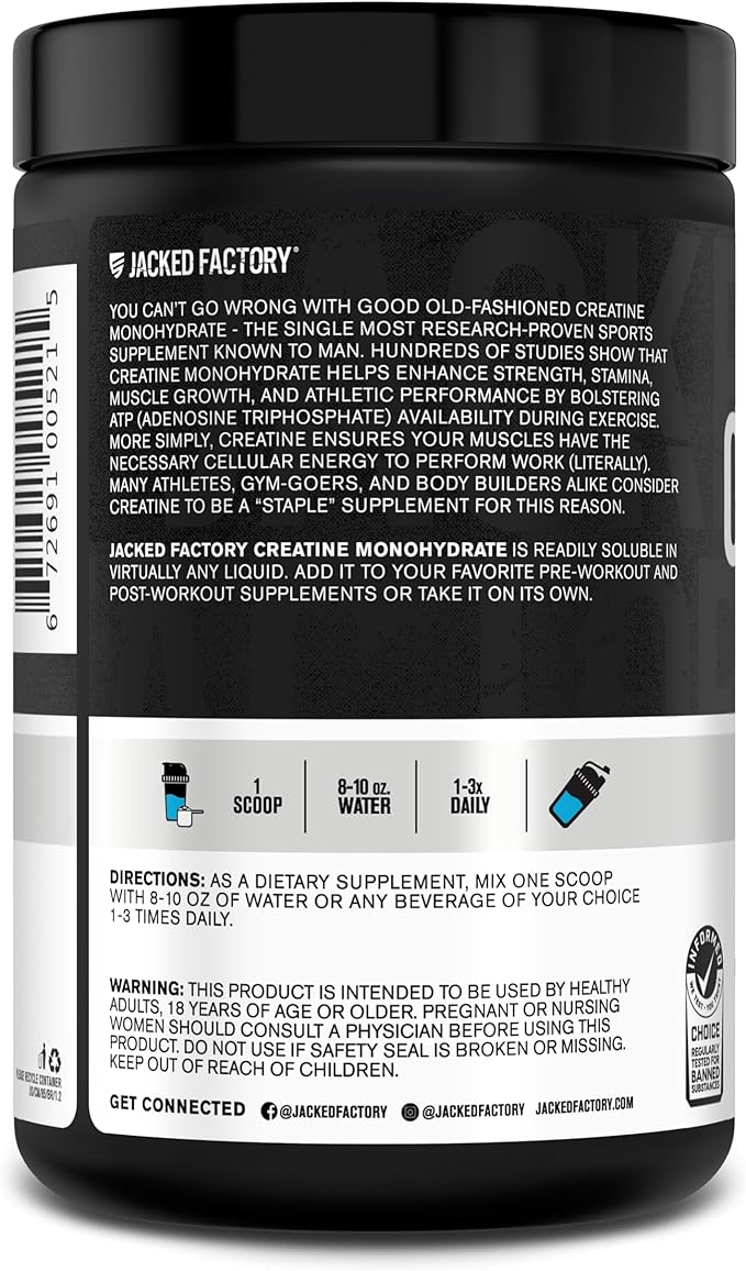 Jacked Factory Creatine Monohydrate Powder 425g - 5g Daily Creatine Supplement for Men and Women, Vegan-Friendly, Third-Party Tested - 85 Servings, Blue Raspberry