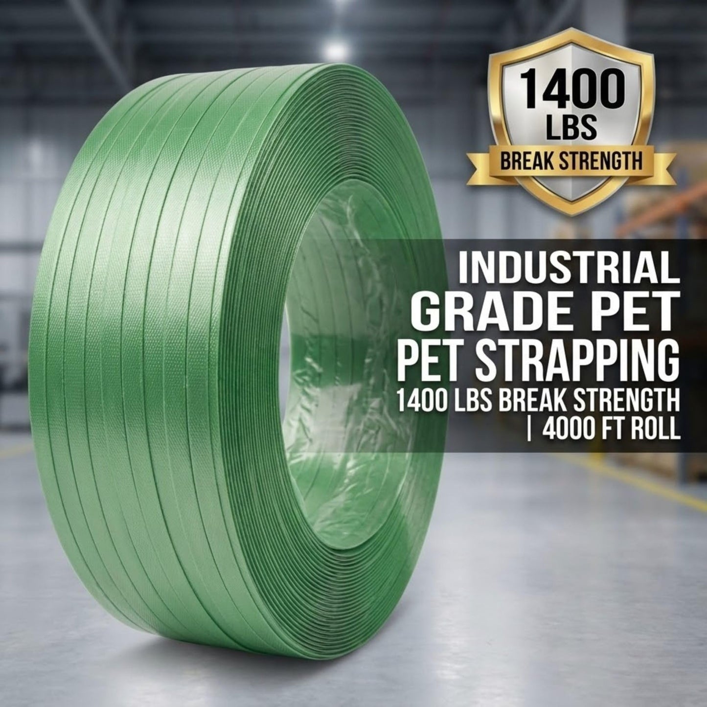 Polyester PET Strapping Roll 5/8" x 0.035" x 4000' – Heavy Duty Green Packaging Banding Strap, 1400 lbs Break Strength, UV & Water Resistant, Lightweight Poly Strapping Coil with 16" x 6" Core