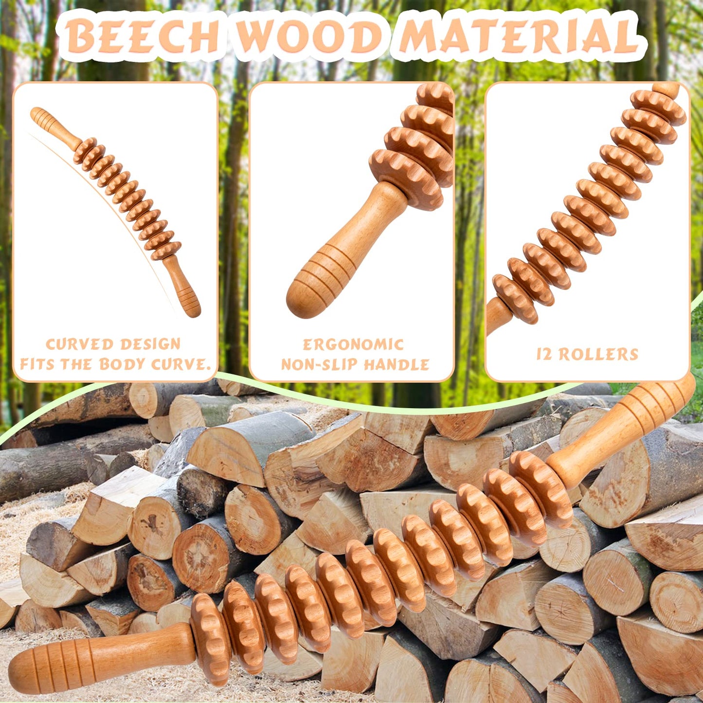 DAOZWUBGIH Curved Wood Therapy Massage Roller Tools,Lymphatic Drainage, Cellulite Massage & Wooden Muscle Roller Stick for Waist and Thigh, Stomach Rolling Massager Tool （with White Box）