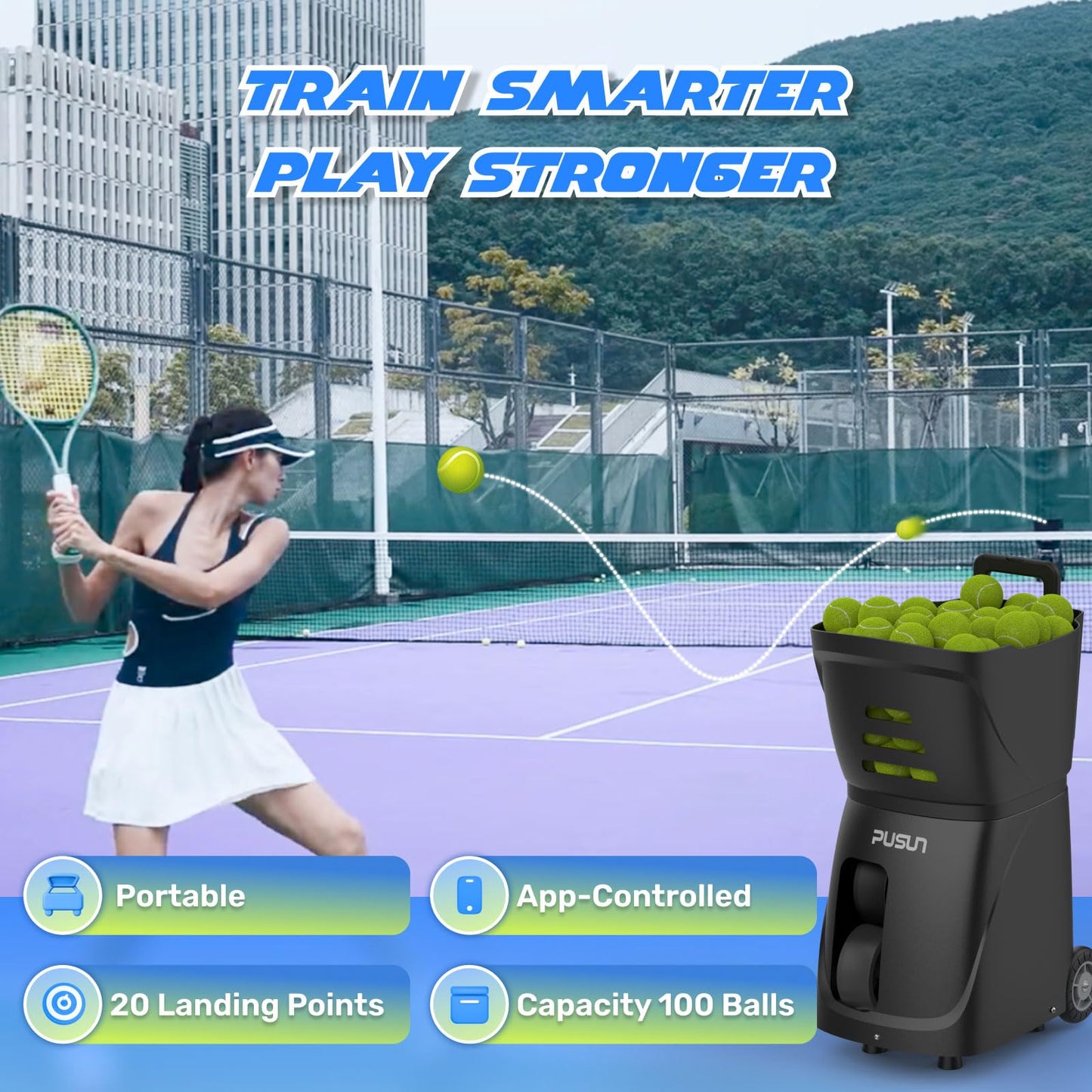 PUSUN PT-Smart Tennis Ball Machine: App Control,12 Drills,6-Level Spin,28-Pt,14 Padel Modes,75 MPH,32.6 lbs,100+ Ball, 5H Battery, Portable, for Fitness,Coaches,Solo Practice,Pros,School (White)