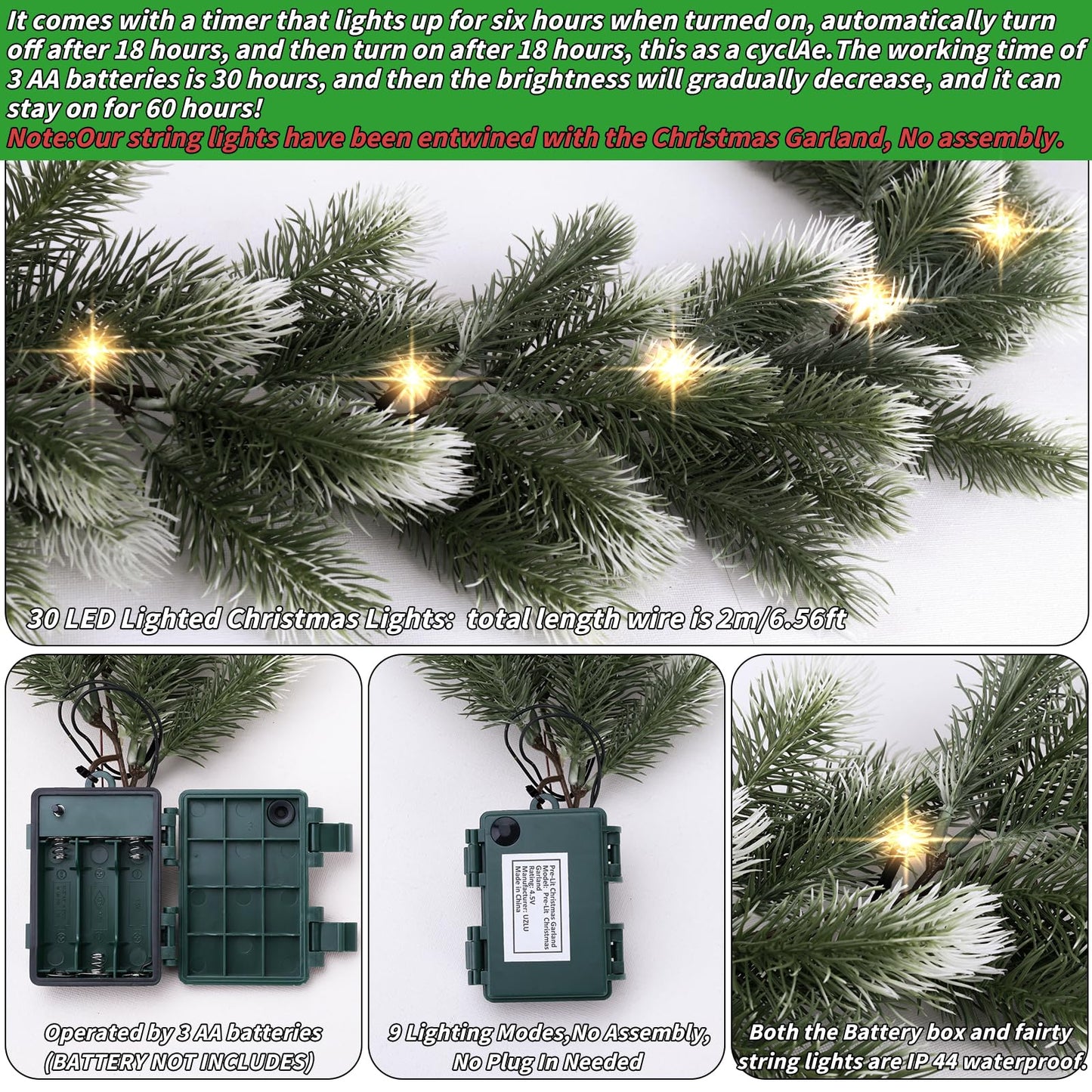2 Pack Pre Lit Snow Flocked Christmas Garland 6 ft Artificial Christmas Garland with Warm White 30 LED Light and Timer Frosted Faux Pine Winter Garland for Home Indoor Outdoor Mantel Seasonal Decor