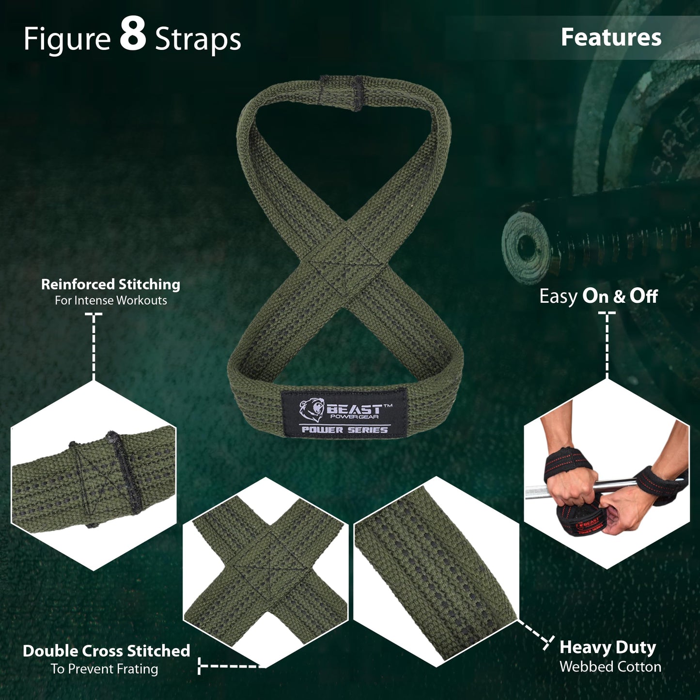 Beastpowergear Figure 8 Strap | Heavy Duty Deadlift Straps Weight Lifting Power Wrist Strap | Weightlifting Powerlifting Shrugs Workout Men Women (Green/Black, Small 10” (Up to 6.5 Wrist Circumference))
