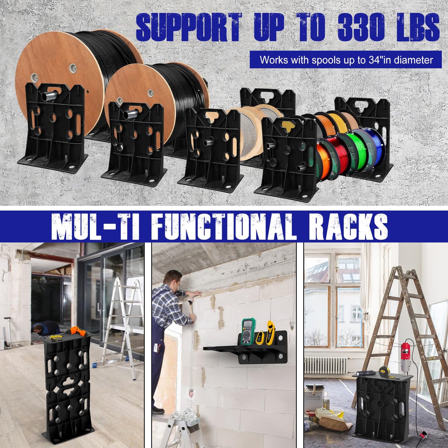 Multi Purpose Wire Dispenser, Cable/Wire Spool Rack, Wire Spool Caddy, Holds Spools Up to 34" In Diameter, Load Capacity 330 LBS, 1 Pair (BLACK)