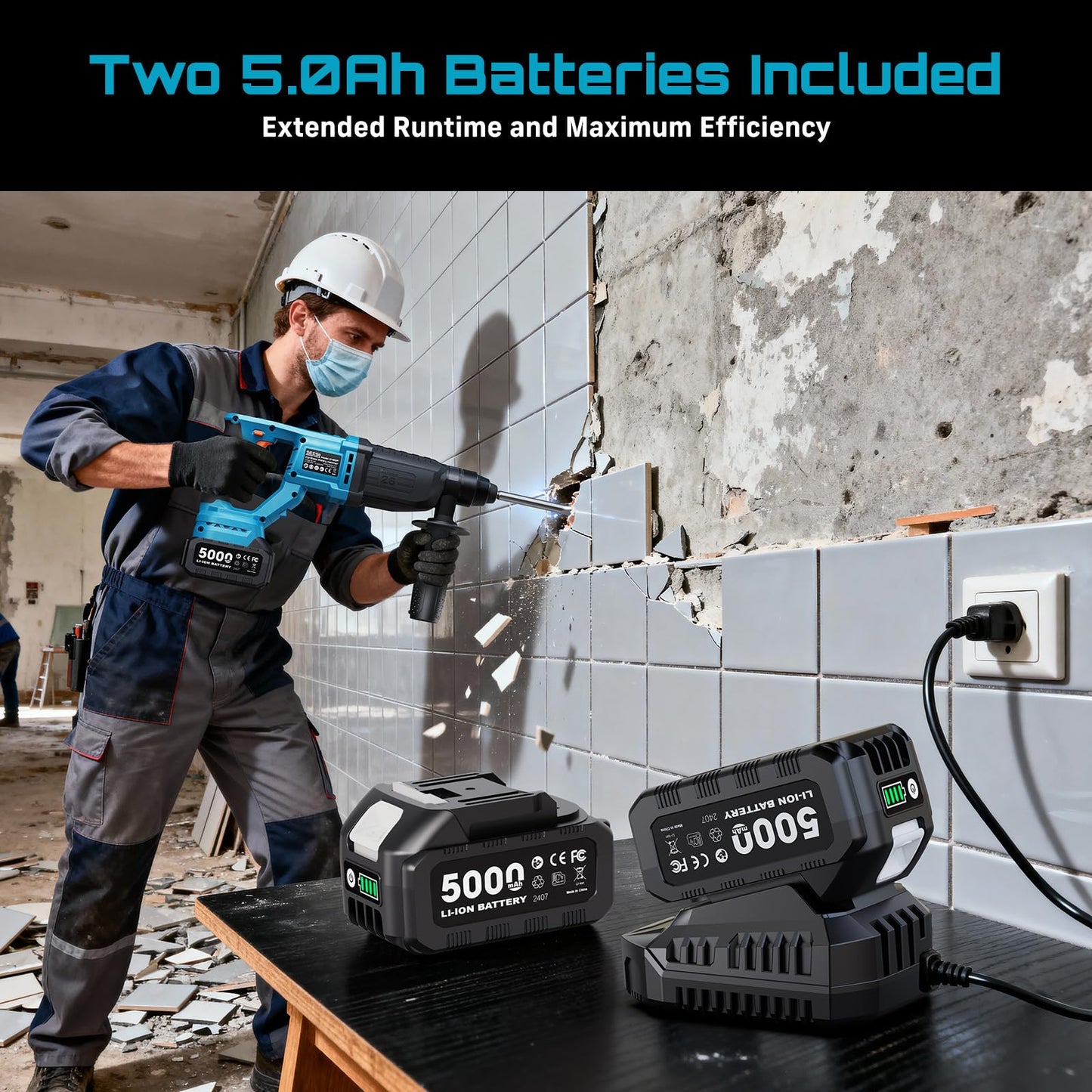 Seesii 1" Cordless SDS-Plus Rotary Hammer Drill with 2x5.0Ah Batteries, 3.2J Impact Energy Brushless Motor, 4-Mode with Kickback protection, Chisels, Drill Bits for Concrete Drilling & Home Renovation