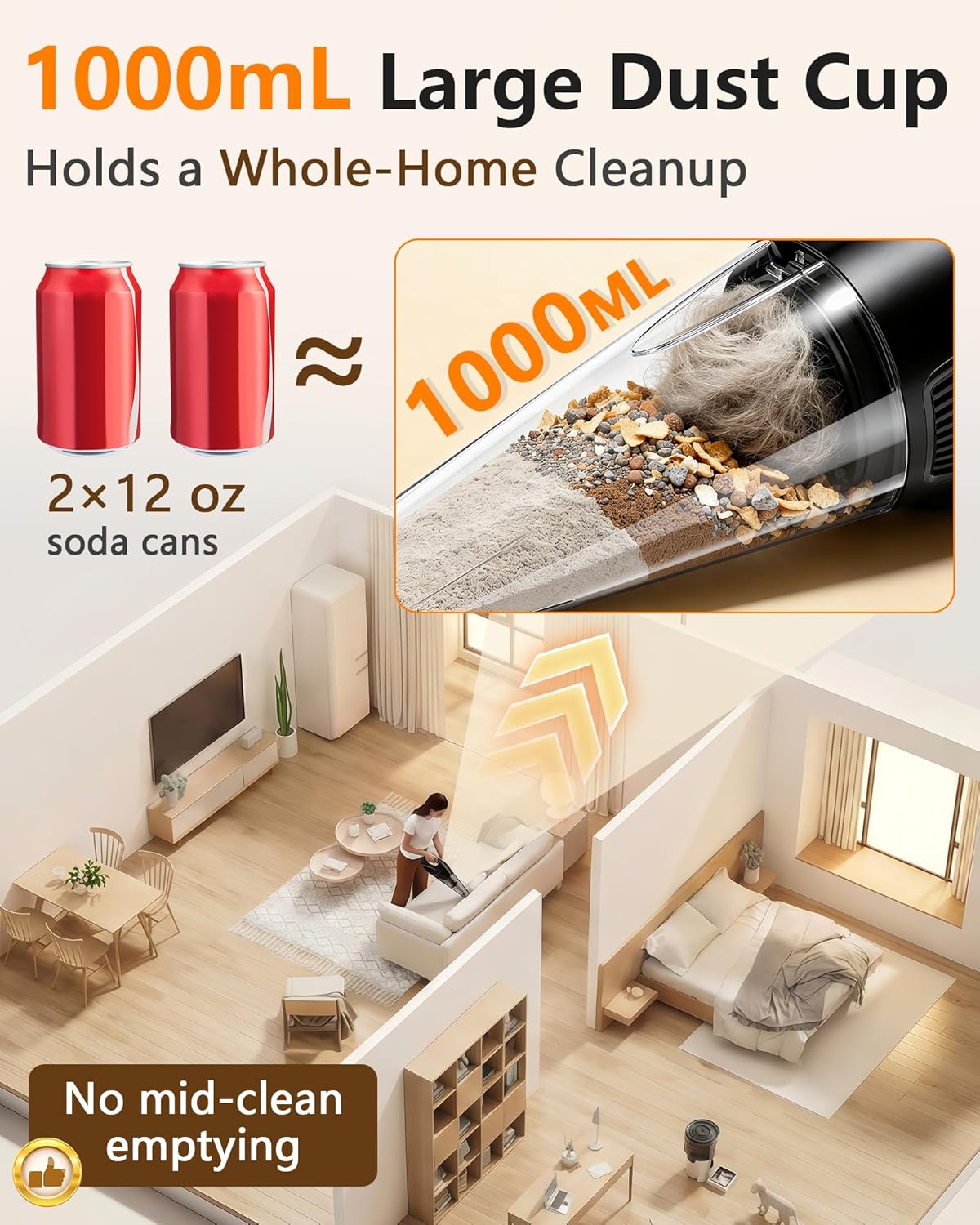 PowerSpeed CleanView Portable Handheld Vacuum - 16000Pa Strong Suction & 1000mL Dust Cup | Cordless LED Vacuum for Quick Home Cleaning