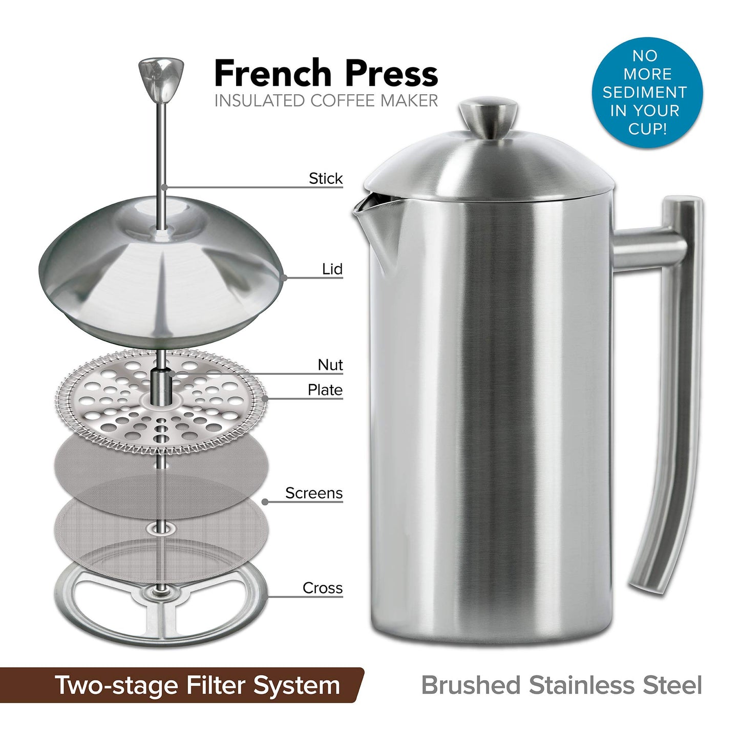 Frieling Coffee Press Stainless Steel French Press Coffee Maker - 44 oz, Brushed Stainless Steel - Double-Walled Insulated Zero Sediment Filter - For Home & Camping