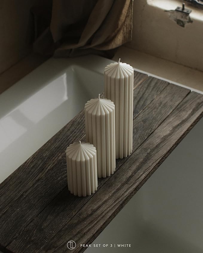 LAWA Ribbed Peak Pillar Candle - Large Beautiful Handmade Pillar Scented Soy Wax Candle Elegant Bubble Aesthetic Candle Housewarming Gift Home Room Shelf Decor Idea White (Set of 3, White)