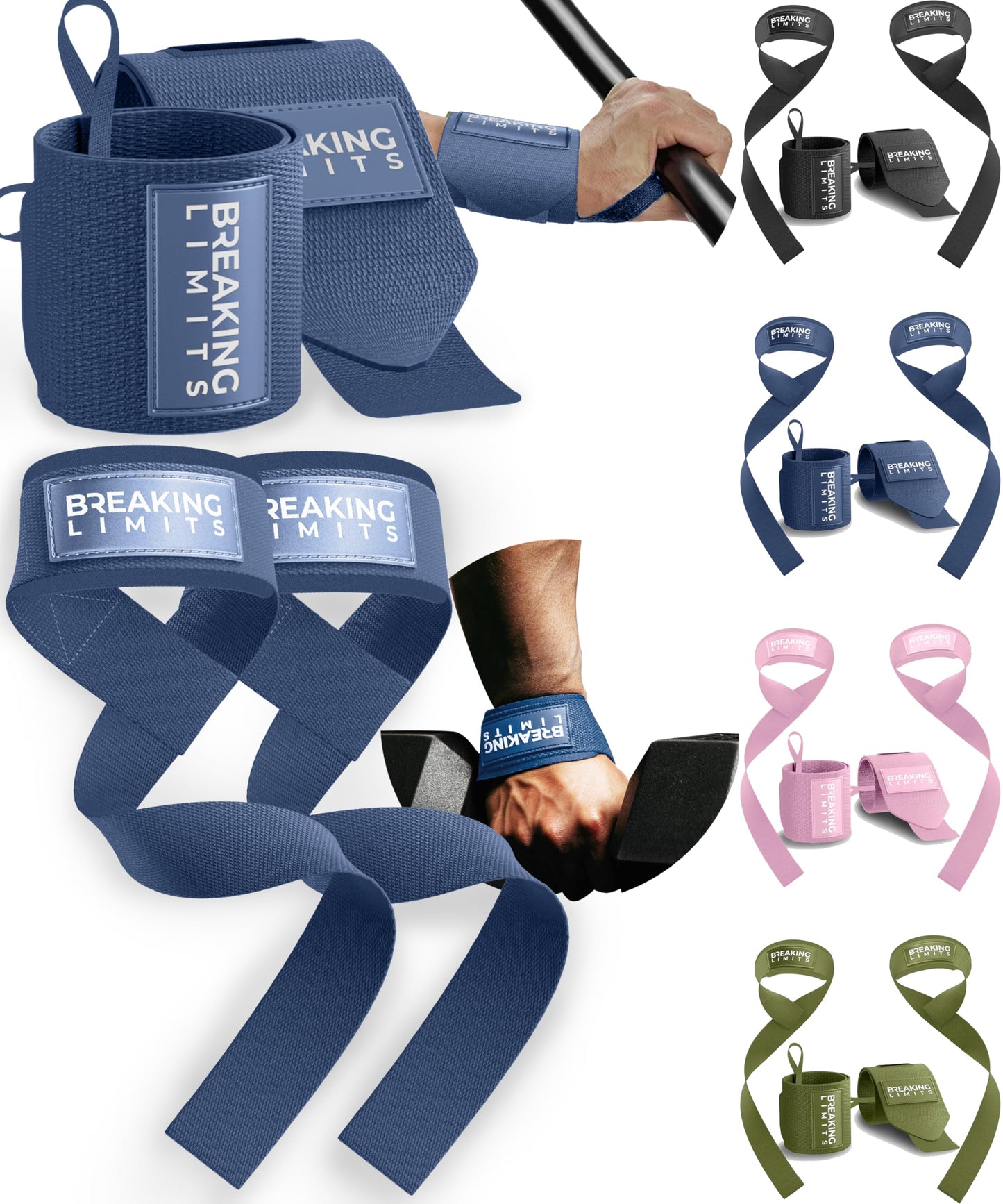 Breaking Limits Gym Straps Weight Lifting Wrist Wraps Bundle – Workout Lifting Straps for Deadlift – Wrist Straps for Weightlifting Men & Women - Muñequeras Para Gym (Navy Blue)