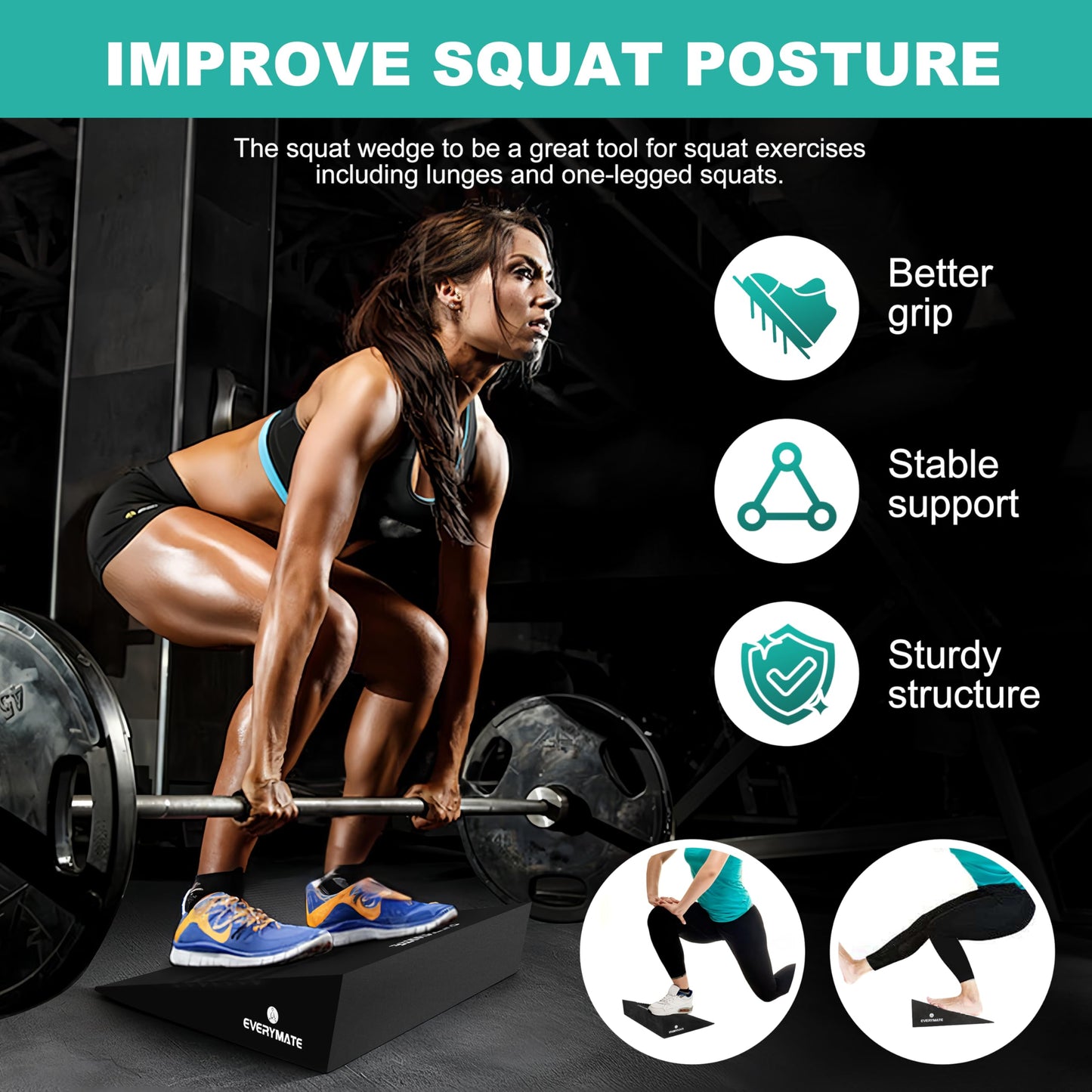 EVERYMATE Squat Wedge, Extra Large Squat Wedge Block, Squat Wedges Weightlifting, Calf Stretching, Slant Board for Squats, Heel Elevated Squat Wedge, Knees Over Toes Squats, Calf Wedge Stretching Block