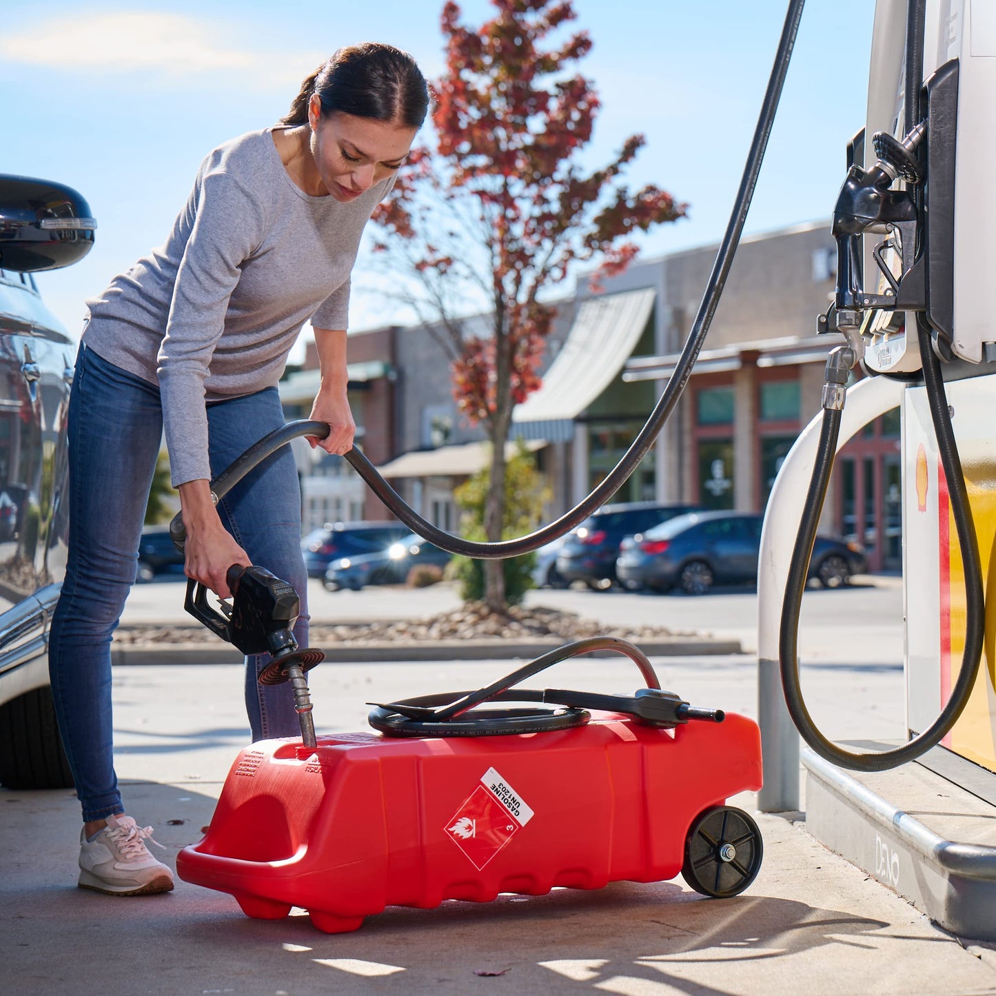 Scepter Duramax Flo ’N Go 14 Gallon Gas Caddy, 53 Liter Portable Fuel Tank and Fuel Transfer Pump with 10-Foot Hose for Lawn Mower, Farm, Marine, Commercial, and Home Use, Red