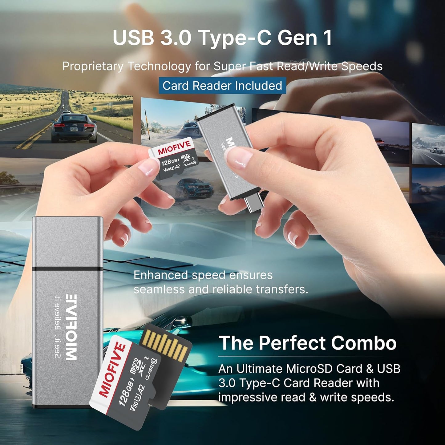 Miofive 3.0 170MB/s, C10, U3, A2, V30, 4K (128GB) Memory Card - Ultimate Micro SD Card with USB Type-C Card Reader