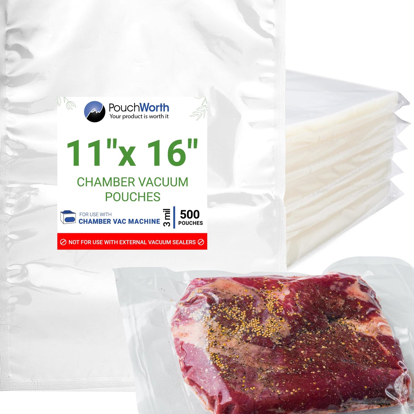 PouchWorth 500 pcs Clear 11" x 16", 3 mil Chamber Machine Pouches, Pre-Cut Chamber Vacuum Sealer Bags, Heavy Duty Seal Pouch, BPA-Free Chamber Sealer Bags with Tear Notch