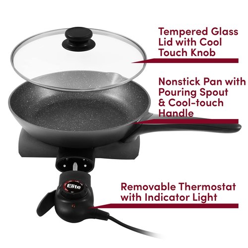Elite Gourmet EG6207 Scratch Resistant 10.5-inch (2Qt) Fry Pan, Easy-Pour Spout Dishwasher Safe, Non-stick Electric Skillet with Glass Vented Lid, Adjustable Temperature, Black