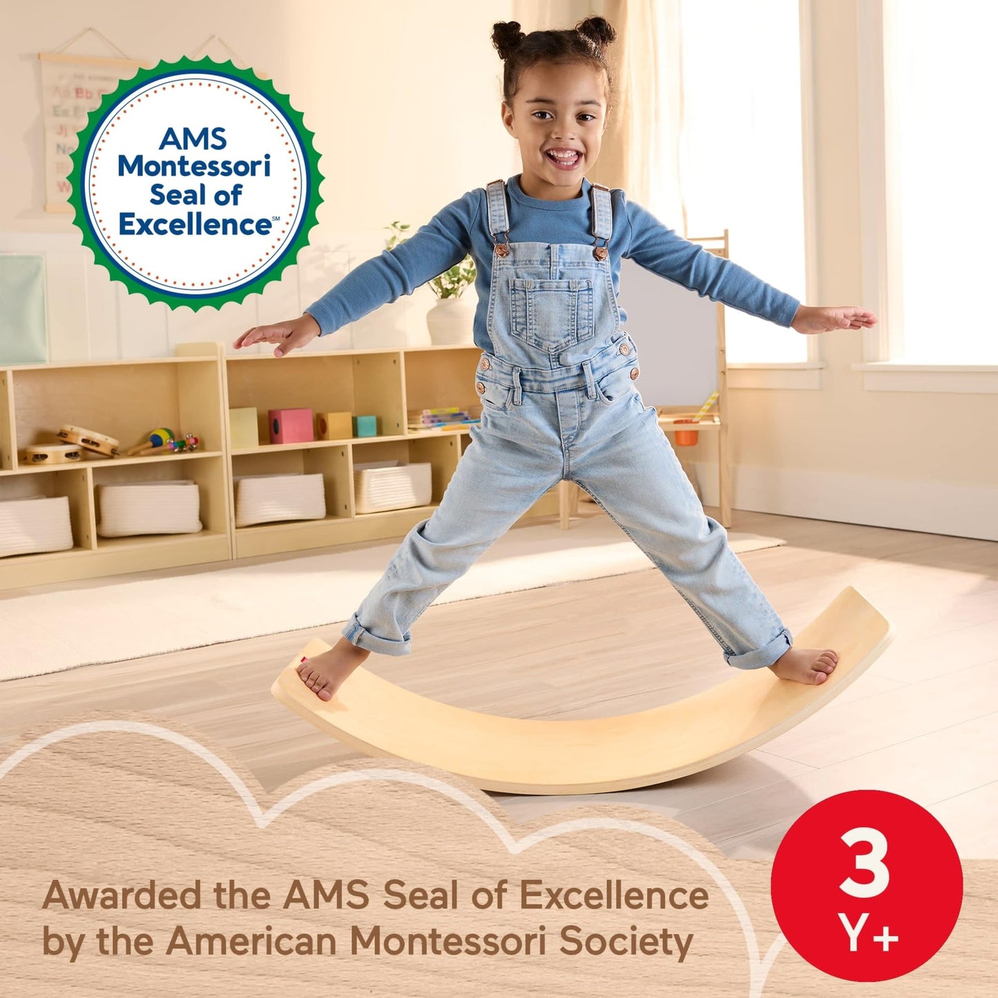 Fisher-Price Wood Montessori Toy Rockin' Balance Board, American Montessori Society Seal of Excellence, 31.7-Inch Wooden Motor Skills Learning Activity for Kids Ages 3+ Years (Amazon Exclusive)