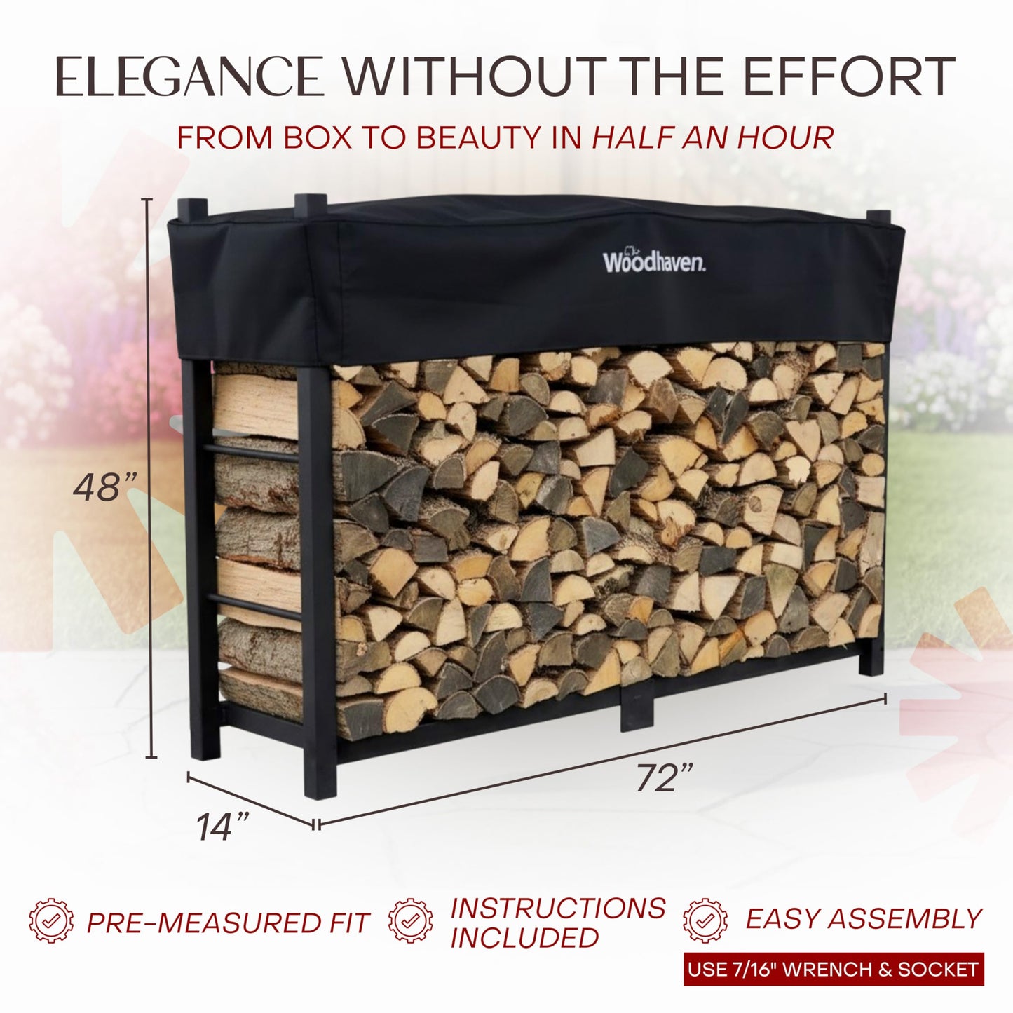 Woodhaven 6 Foot Black - Heavy Duty Made in the USA - Outdoor Cord Firewood Storage Log Rack With Seasoning Cover Set - Metal Firewood Rack With UV-Stable Powder Coat