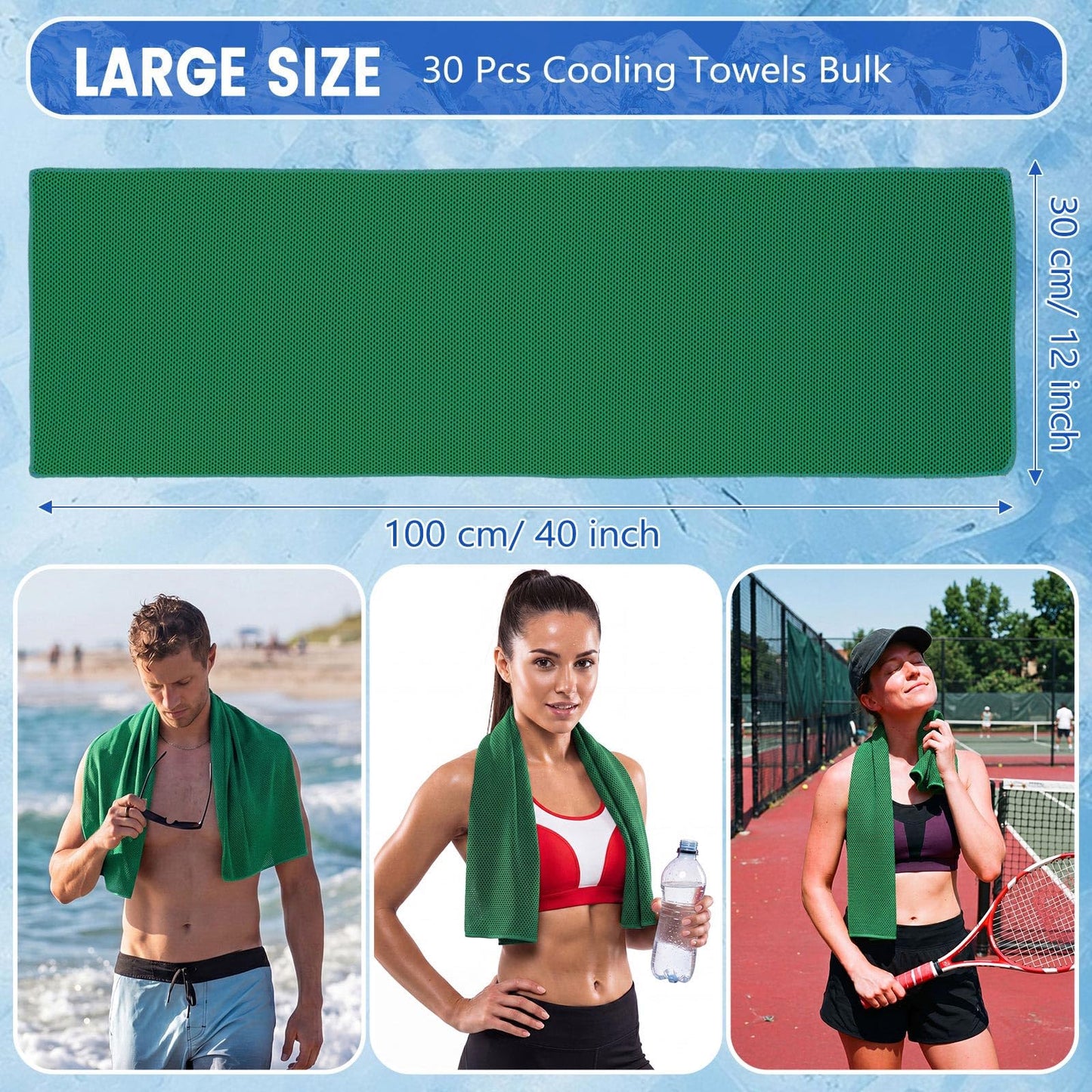 Hosuly 30 Pack Cooling Towels 40"x12" Cooling Neck Wraps Soft Breathable Chilly Towel Ice Towels Microfiber Workout Towel for Yoga Sport Running Workout Gym Camping Fitness Activities(Green)