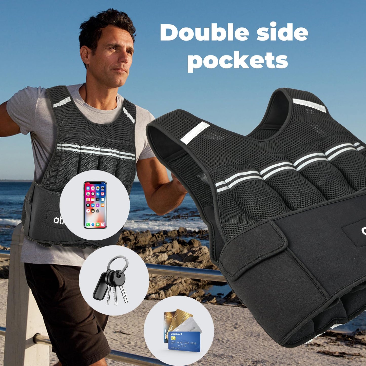 ATIVAFIT Fitness Weighted Vest Adjustable Reflective Vest for Running, Strength Training, Walking & Weightlifting (2‑22 lb)