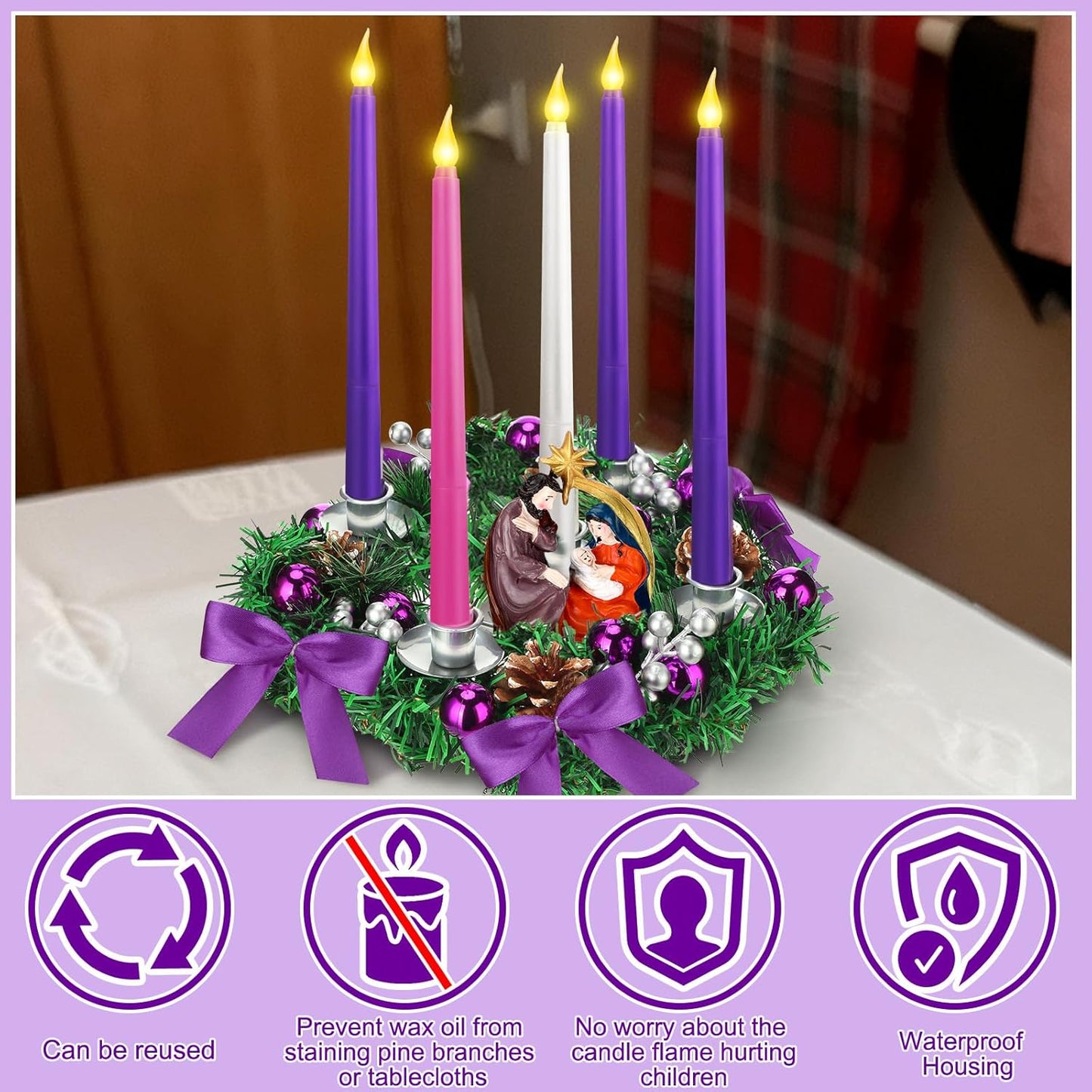 Tioncy 12-Inch Christmas Advent Wreath - Flameless Candle Holder with Remote Control & Berries Decor
