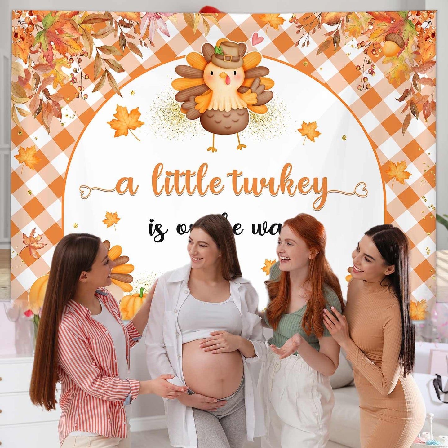 AIBIIN 7x5ft Thanksgiving Baby Shower Backdrop A Little Turkey is On The Way Party Banner Fall Turkey Pumpkin Baby