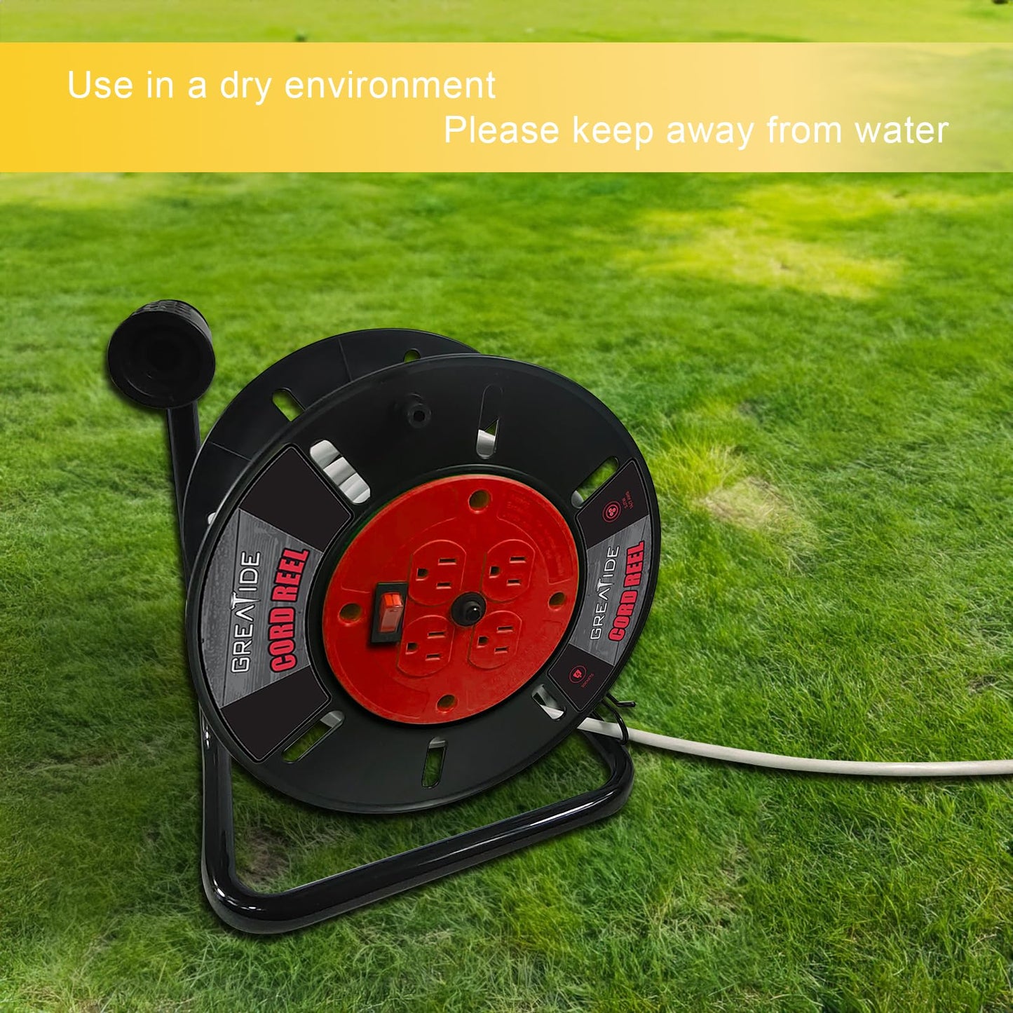 GREATIDE Heavy Duty Extension Cord Storage Reel with 4-Grounded Outlets, 10A Circuit Breaker, Retractable Hand Wind, Portable Empty Hand Crank Open Cord Reel for 12/3 14/3 16/3 Gauge Power Cord, Red